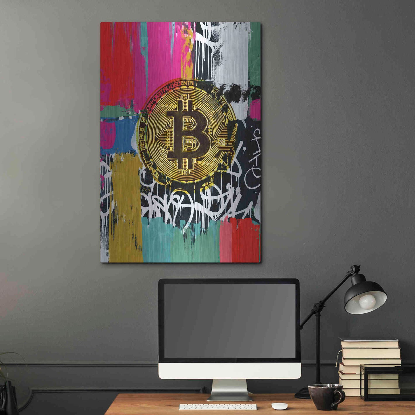 Luxe Metal Art 'Cryptocurrency Bitcoin Graffiti 2-1' by Irena Orlov, Metal Wall Art,24x36