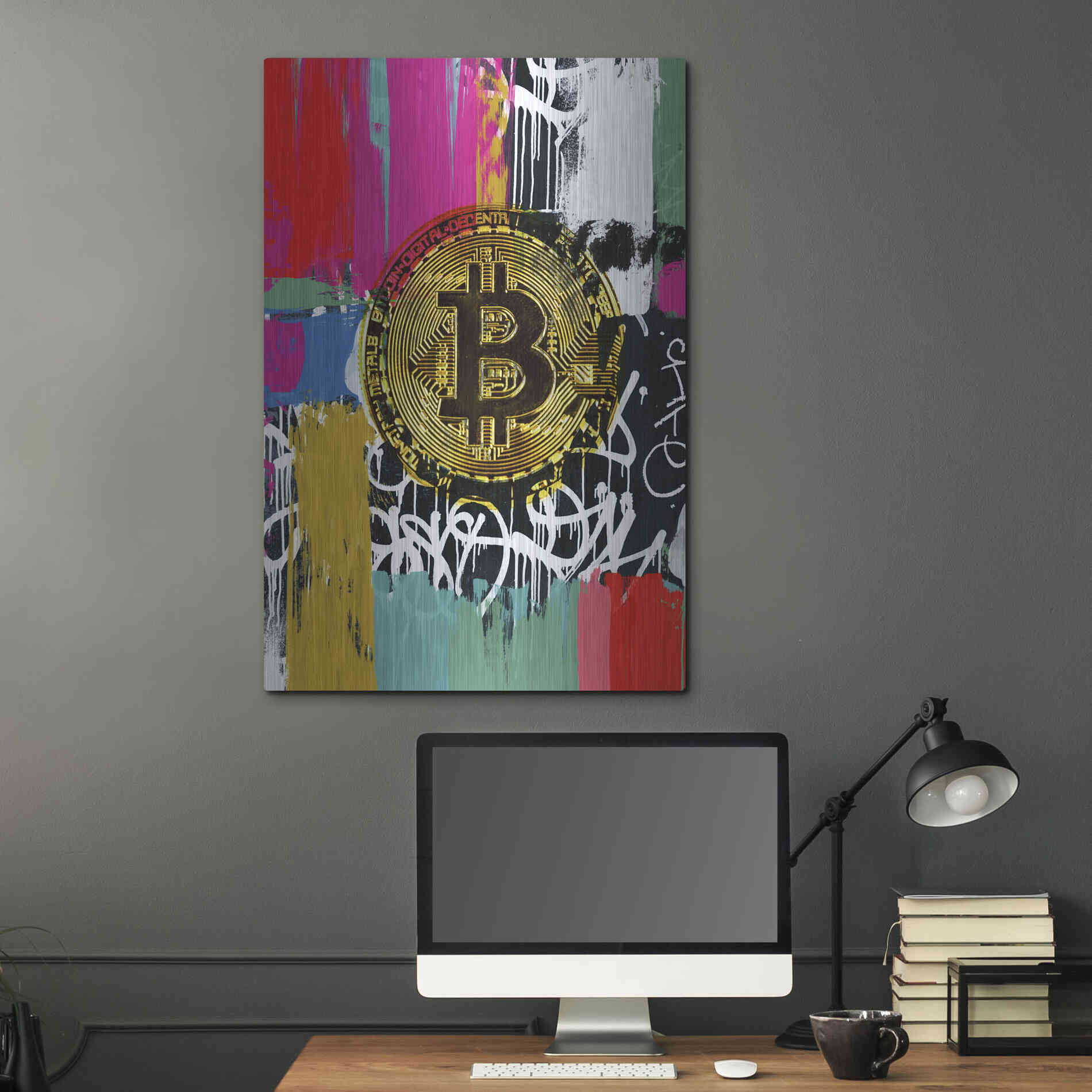 Luxe Metal Art 'Cryptocurrency Bitcoin Graffiti 2-1' by Irena Orlov, Metal Wall Art,24x36