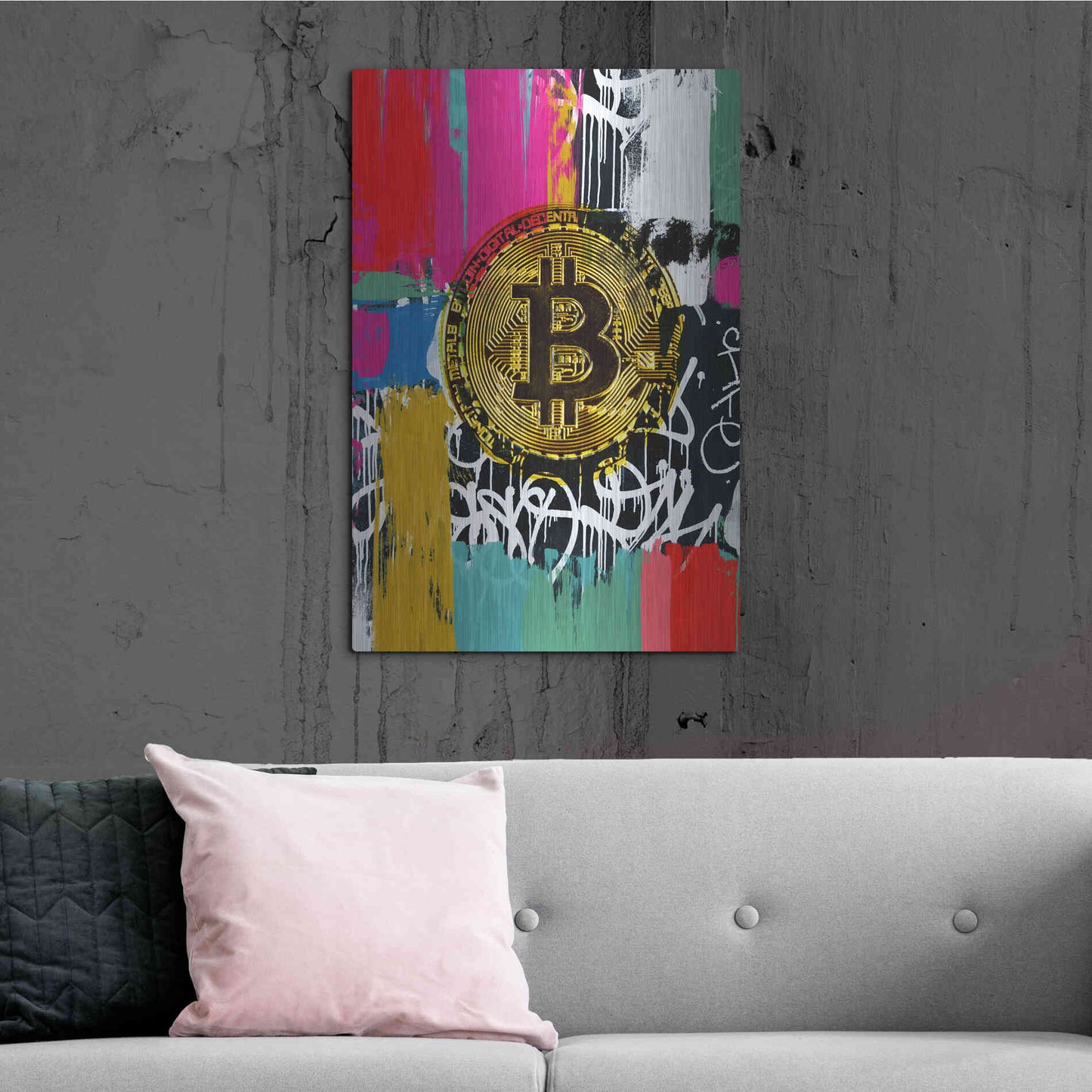 Luxe Metal Art 'Cryptocurrency Bitcoin Graffiti 2-1' by Irena Orlov, Metal Wall Art,24x36