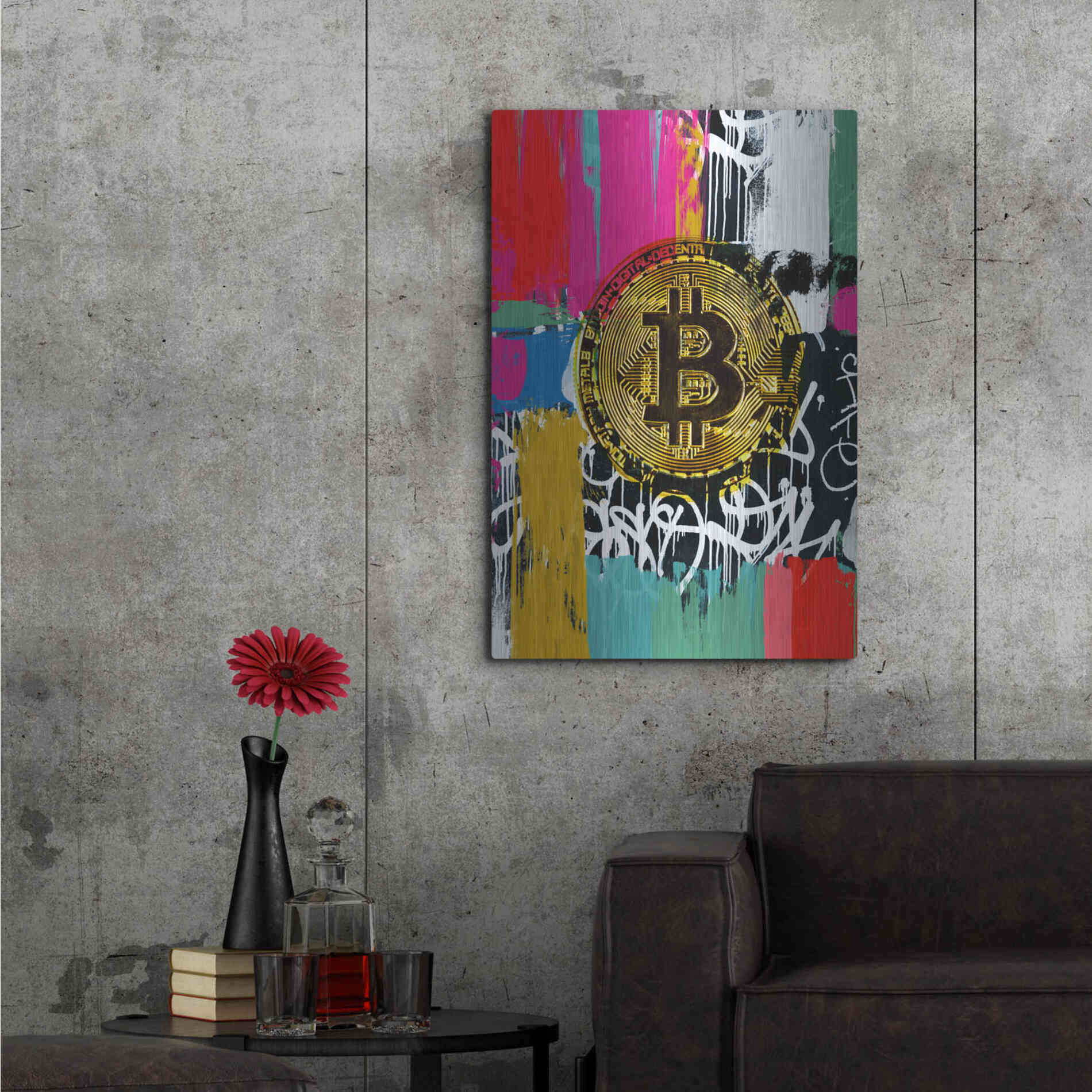 Luxe Metal Art 'Cryptocurrency Bitcoin Graffiti 2-1' by Irena Orlov, Metal Wall Art,24x36