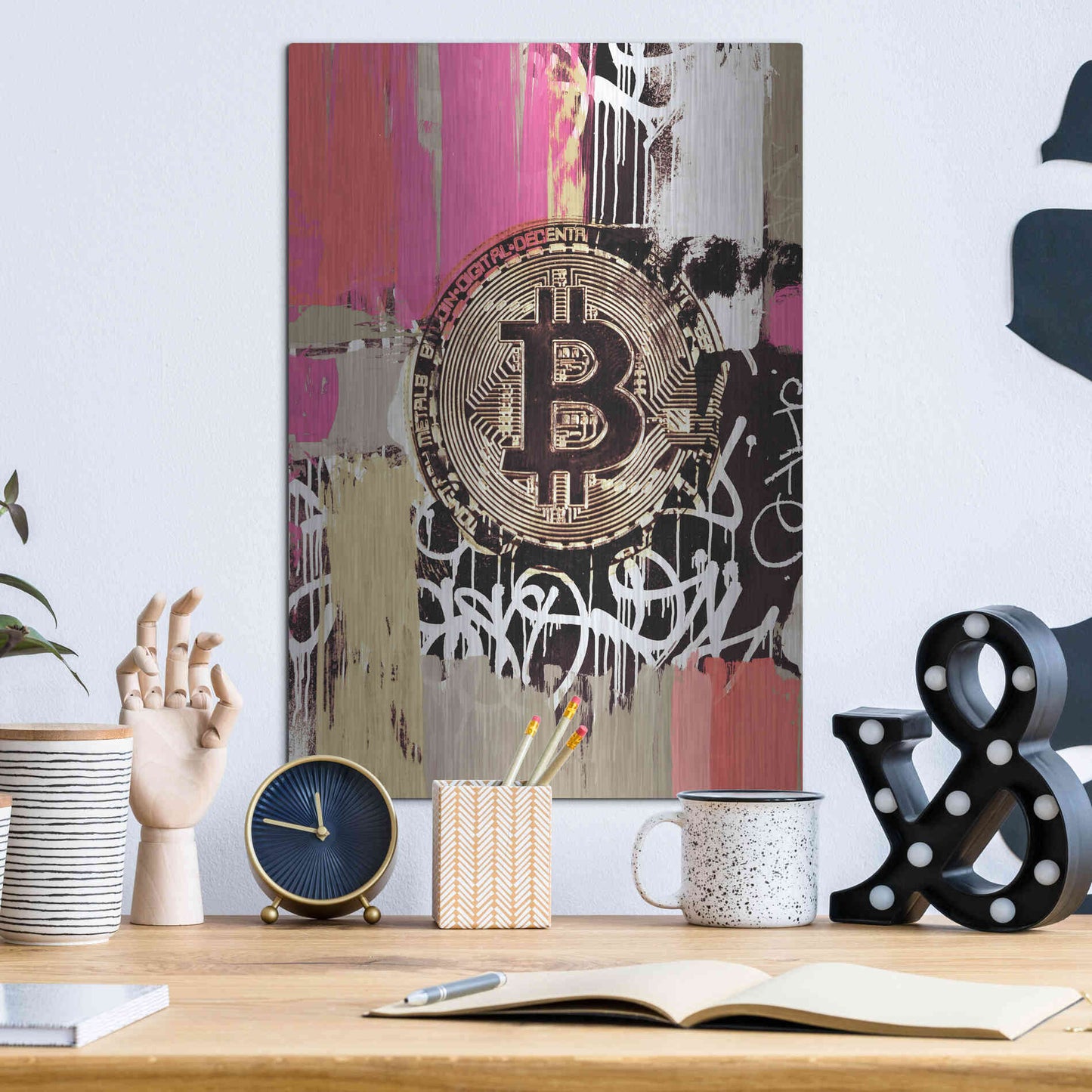 Luxe Metal Art 'Cryptocurrency Bitcoin Graffiti 2-8' by Irena Orlov, Metal Wall Art,12x16