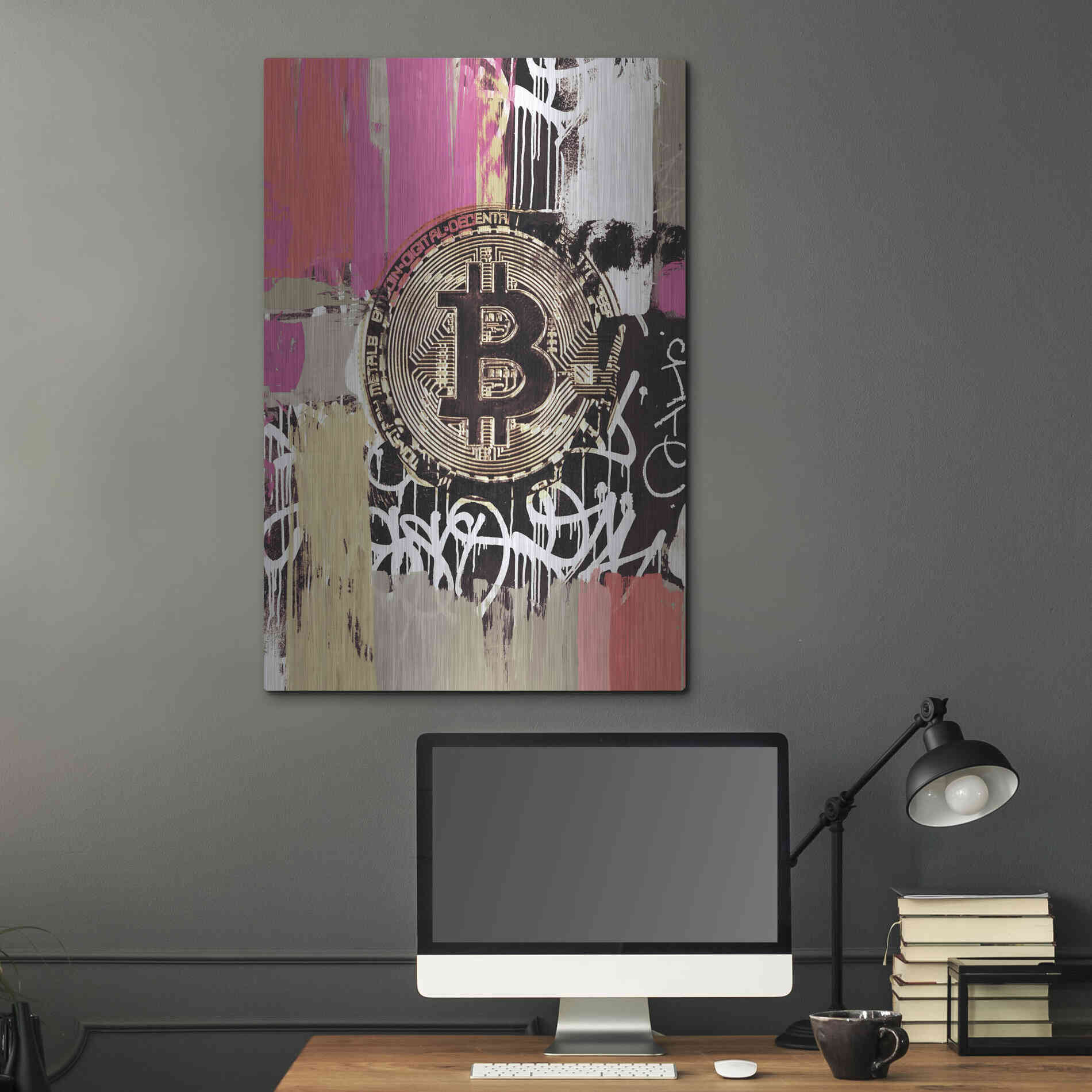 Luxe Metal Art 'Cryptocurrency Bitcoin Graffiti 2-8' by Irena Orlov, Metal Wall Art,24x36