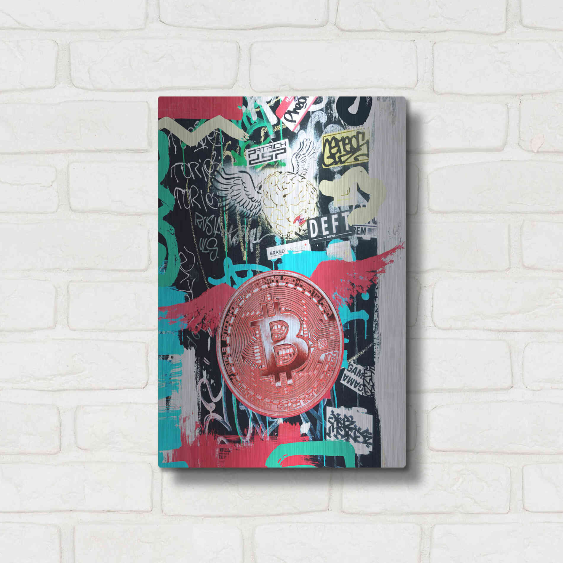 Luxe Metal Art 'Bitcoin Street Art 2' by Irena Orlov, Metal Wall Art,12x16