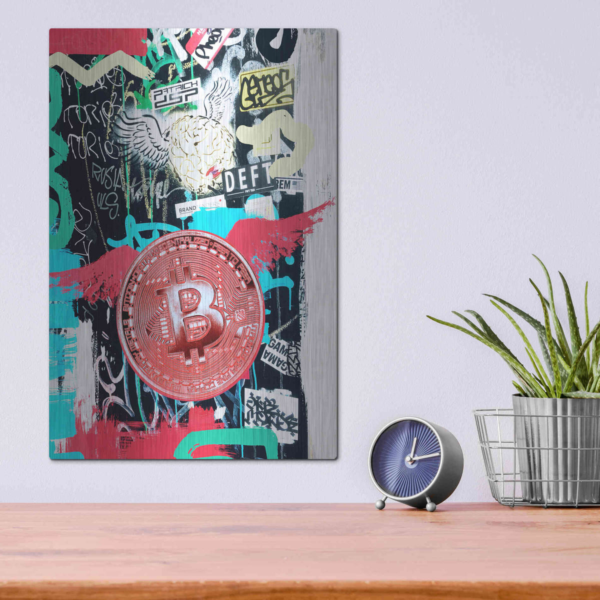 Luxe Metal Art 'Bitcoin Street Art 2' by Irena Orlov, Metal Wall Art,12x16