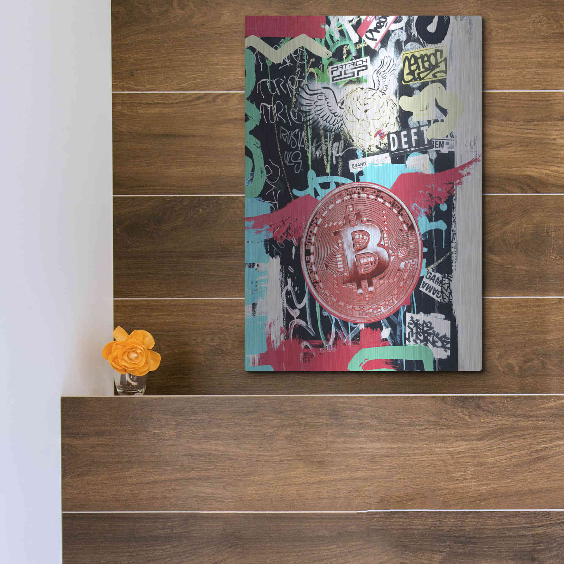 Luxe Metal Art 'Bitcoin Street Art 2' by Irena Orlov, Metal Wall Art,12x16