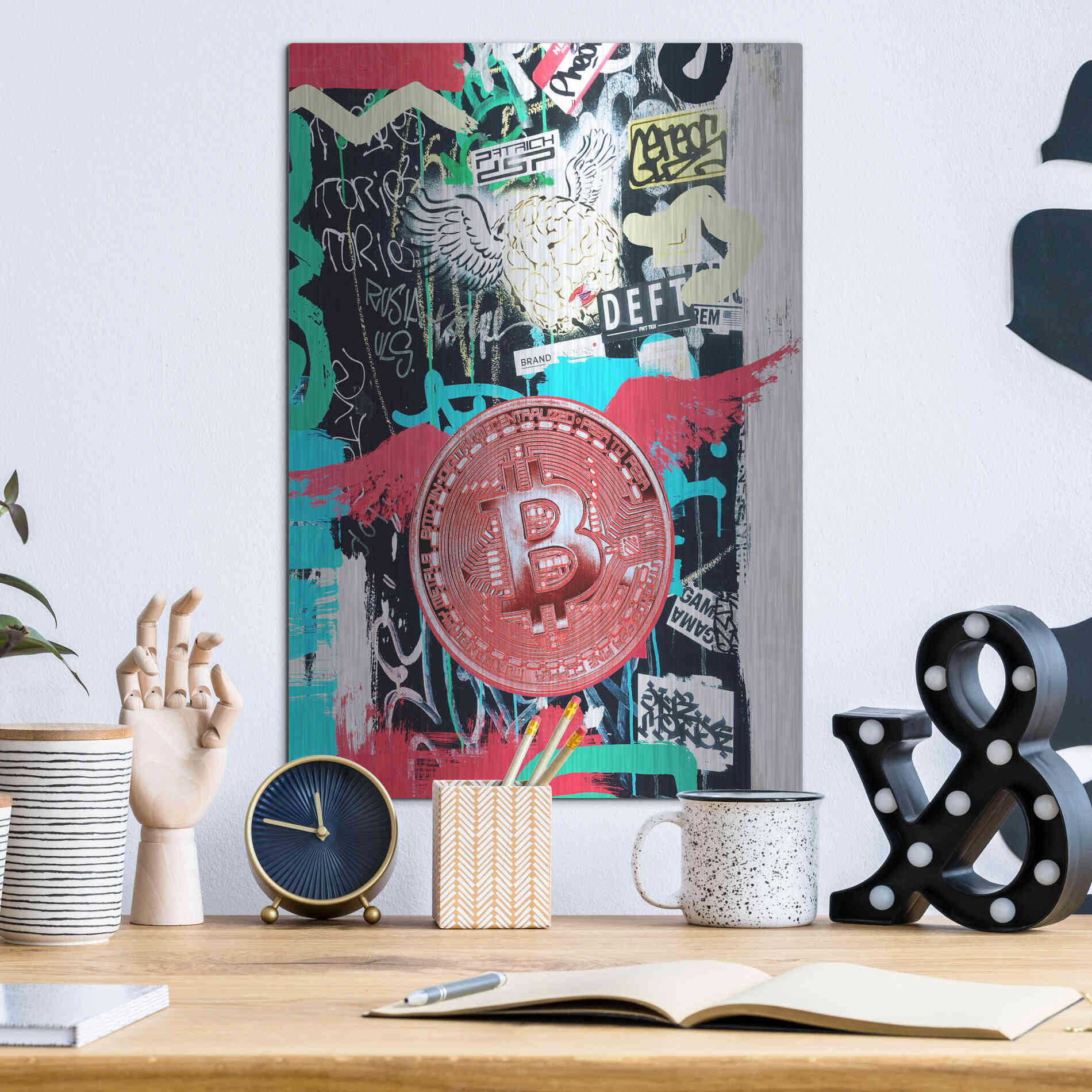 Luxe Metal Art 'Bitcoin Street Art 2' by Irena Orlov, Metal Wall Art,12x16