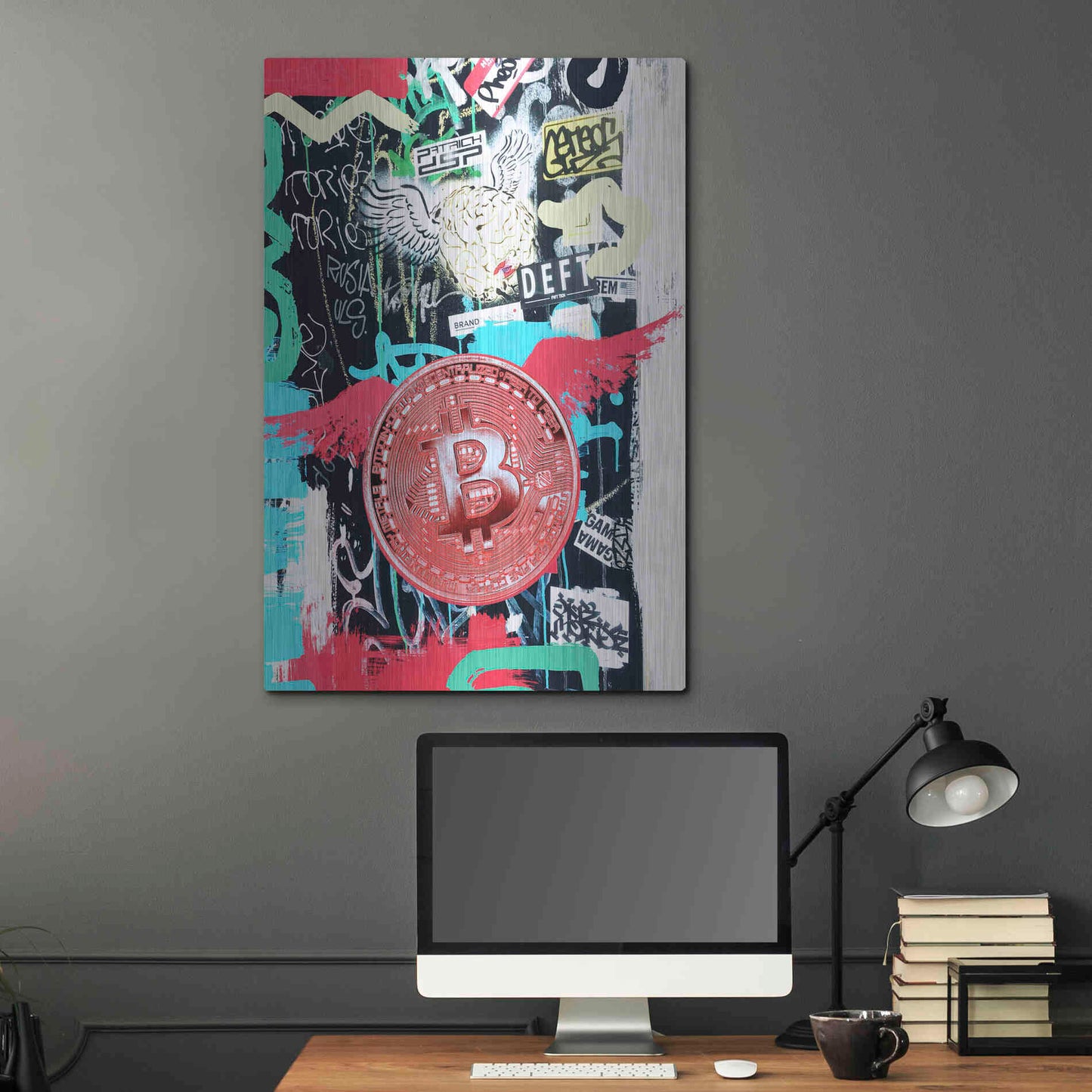 Luxe Metal Art 'Bitcoin Street Art 2' by Irena Orlov, Metal Wall Art,24x36