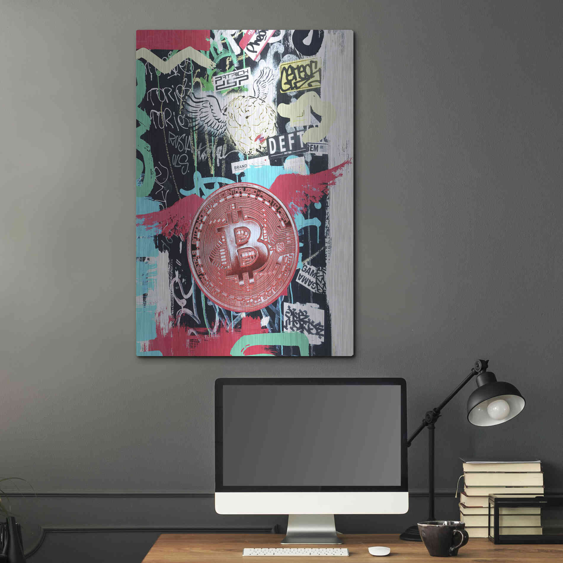 Luxe Metal Art 'Bitcoin Street Art 2' by Irena Orlov, Metal Wall Art,24x36
