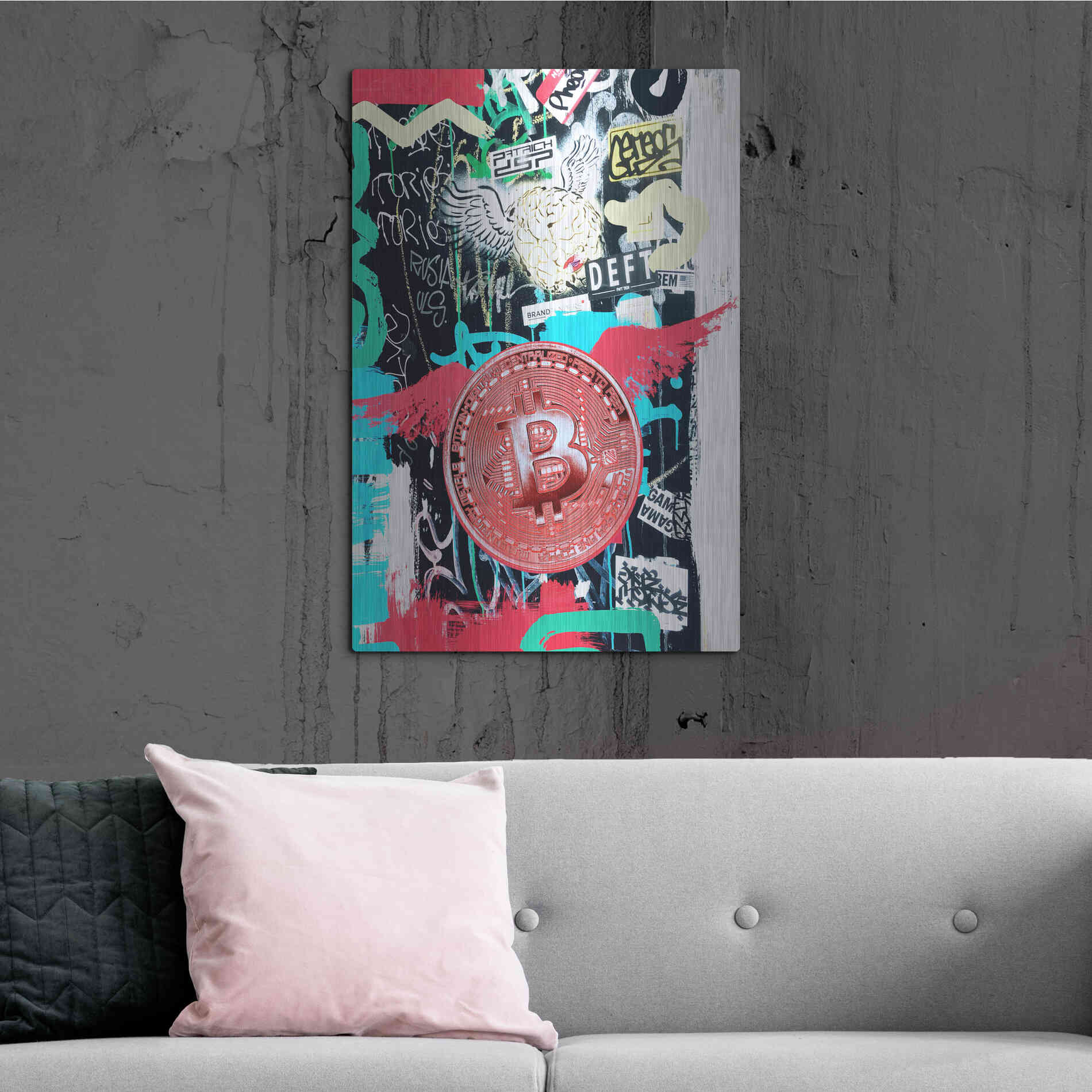 Luxe Metal Art 'Bitcoin Street Art 2' by Irena Orlov, Metal Wall Art,24x36