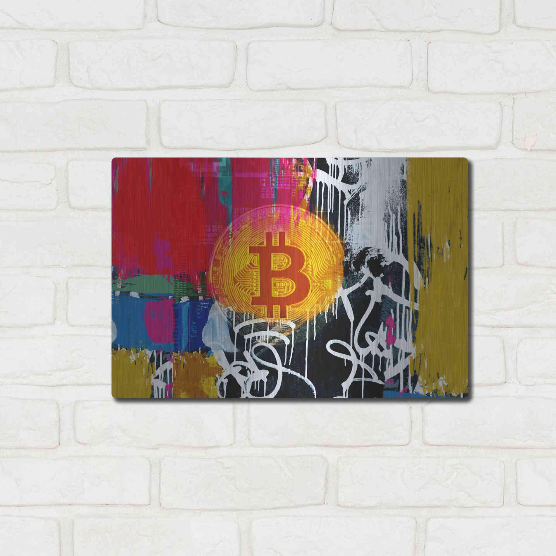 Luxe Metal Art 'Cryptocurrency Bitcoin Graffiti 1' by Irena Orlov, Metal Wall Art,16x12
