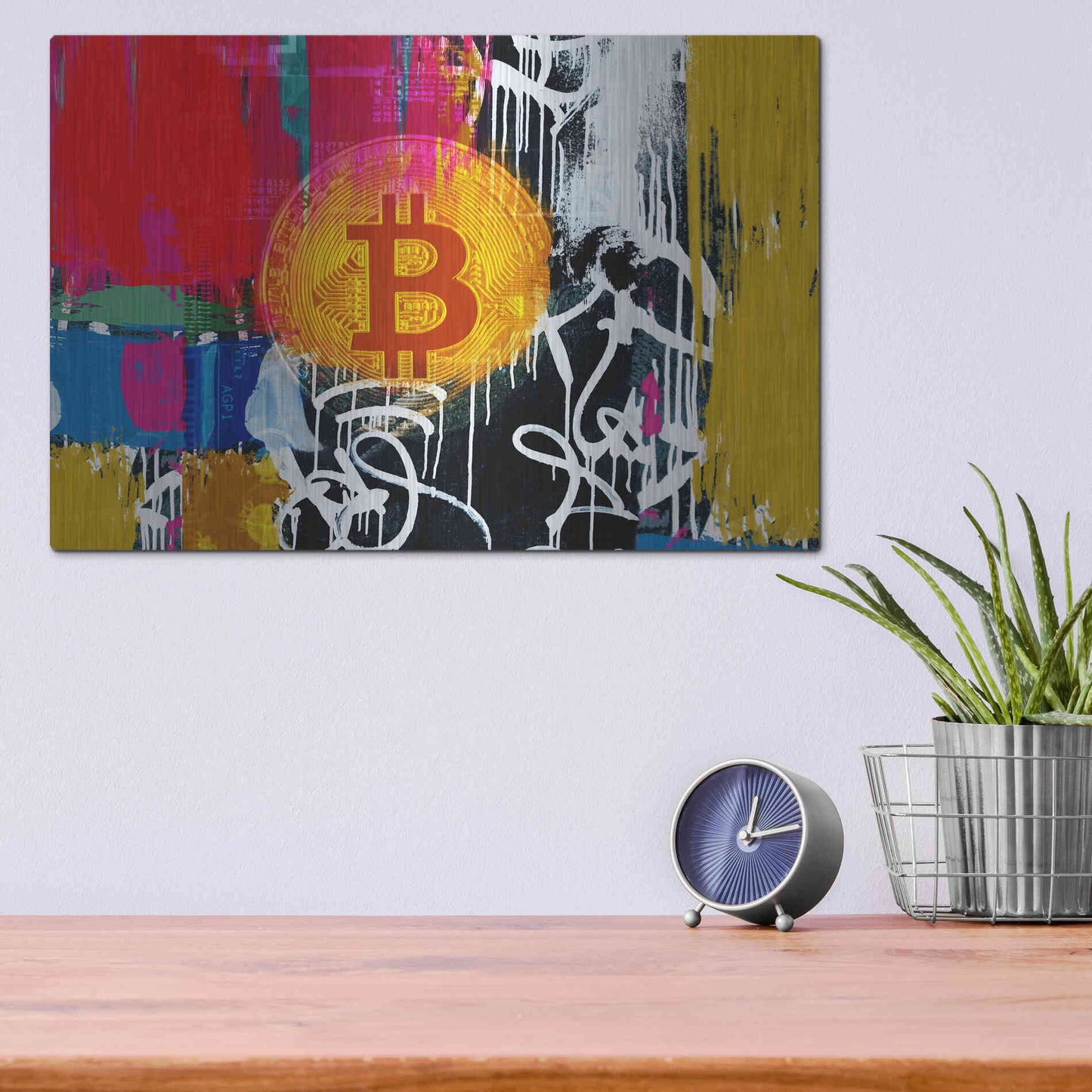 Luxe Metal Art 'Cryptocurrency Bitcoin Graffiti 1' by Irena Orlov, Metal Wall Art,16x12