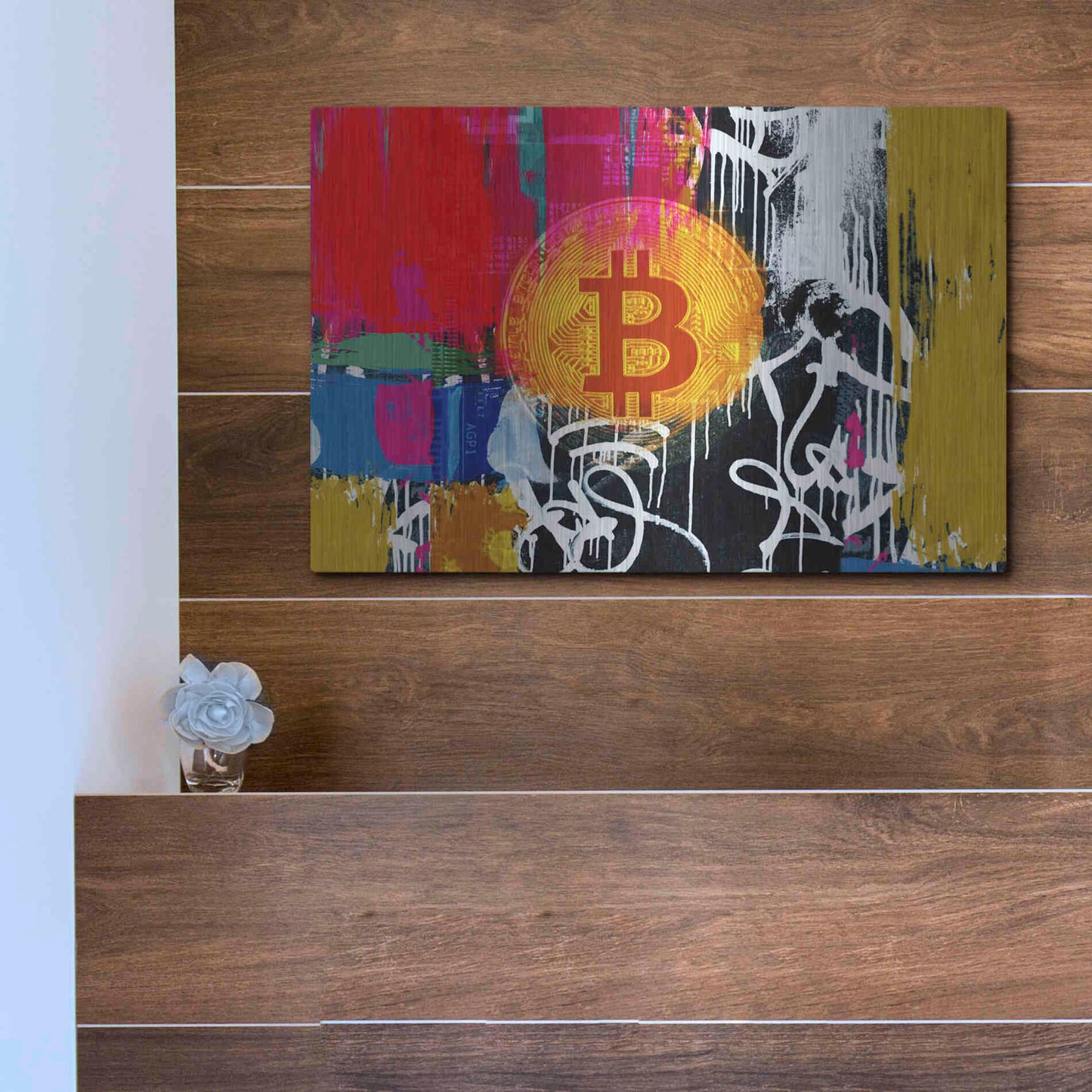 Luxe Metal Art 'Cryptocurrency Bitcoin Graffiti 1' by Irena Orlov, Metal Wall Art,16x12