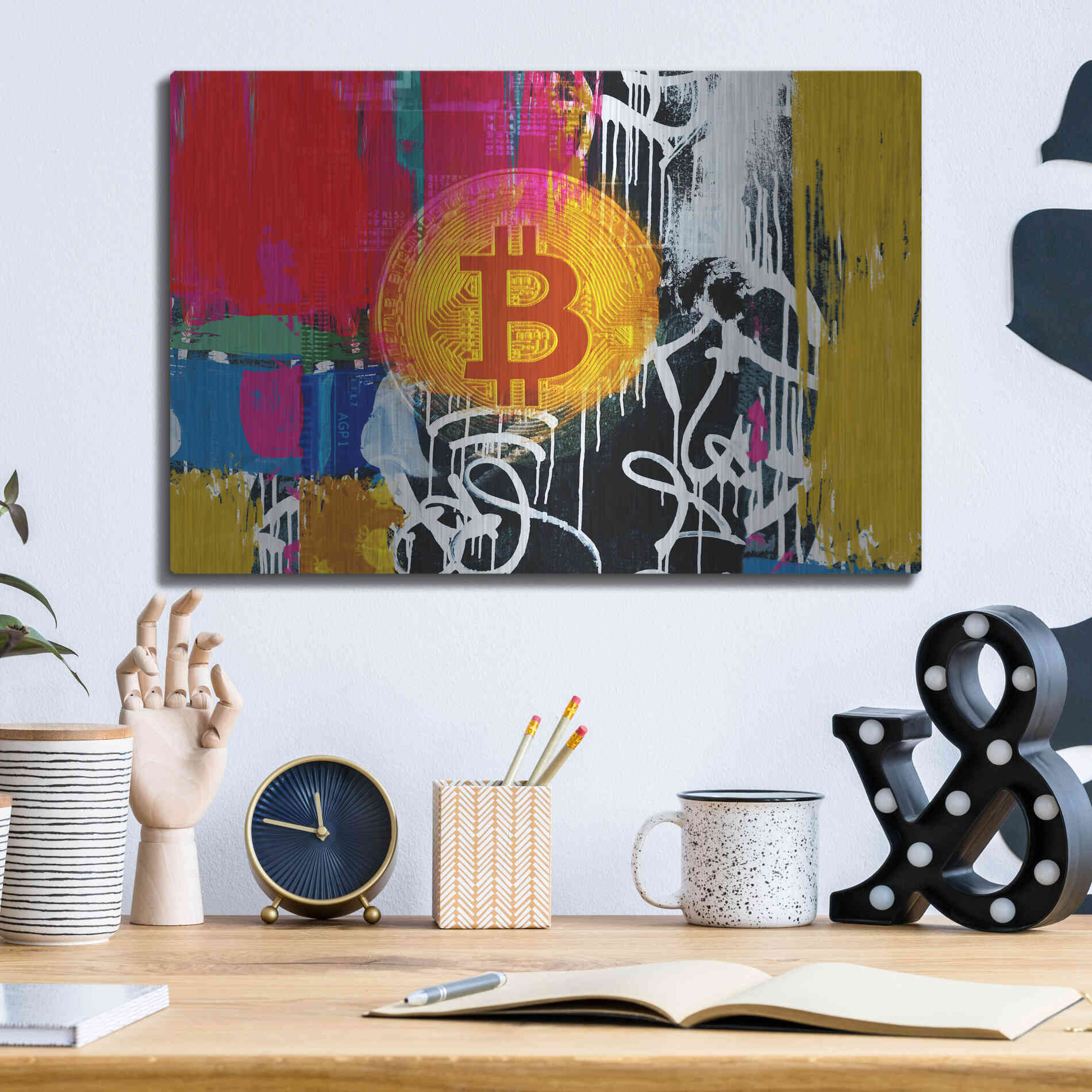 Luxe Metal Art 'Cryptocurrency Bitcoin Graffiti 1' by Irena Orlov, Metal Wall Art,16x12