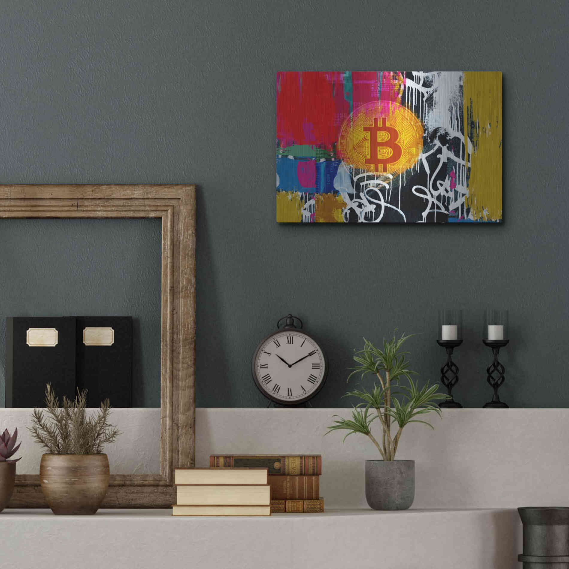 Luxe Metal Art 'Cryptocurrency Bitcoin Graffiti 1' by Irena Orlov, Metal Wall Art,16x12