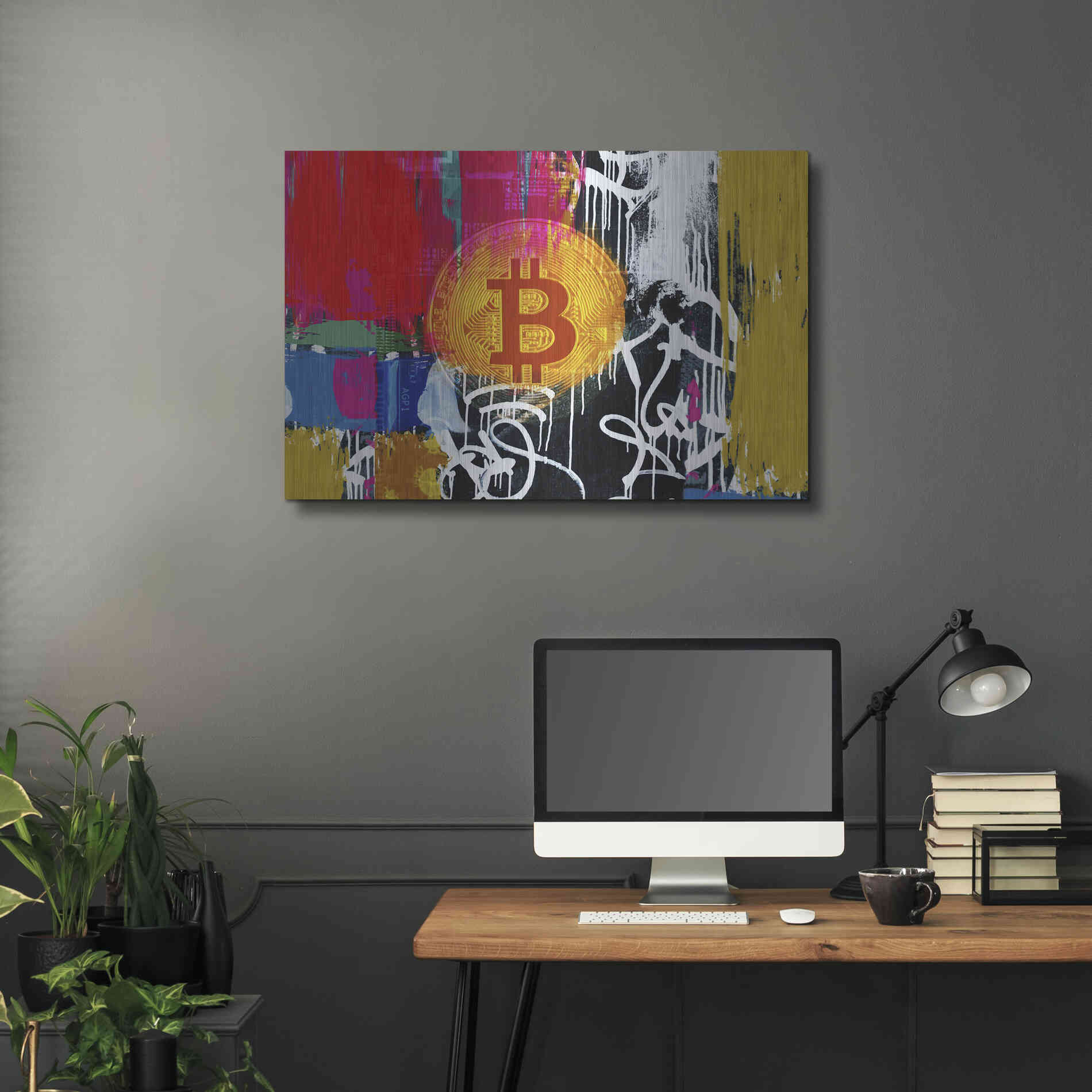 Luxe Metal Art 'Cryptocurrency Bitcoin Graffiti 1' by Irena Orlov, Metal Wall Art,36x24