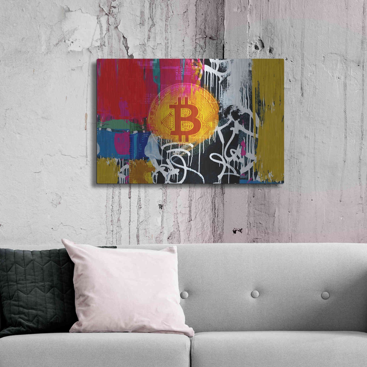 Luxe Metal Art 'Cryptocurrency Bitcoin Graffiti 1' by Irena Orlov, Metal Wall Art,36x24