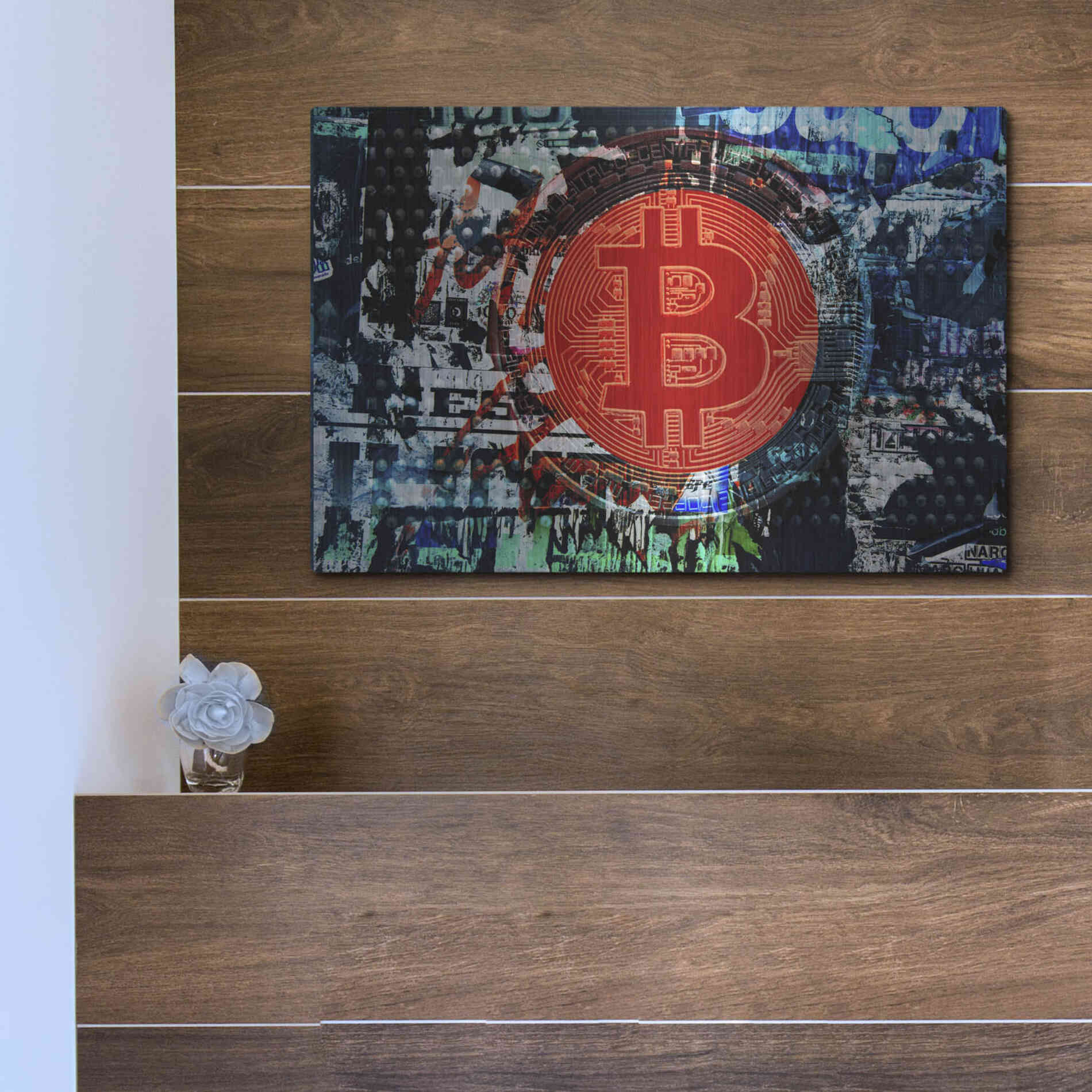 Luxe Metal Art 'Bitcoin Graffiti 1' by Irena Orlov, Metal Wall Art,16x12