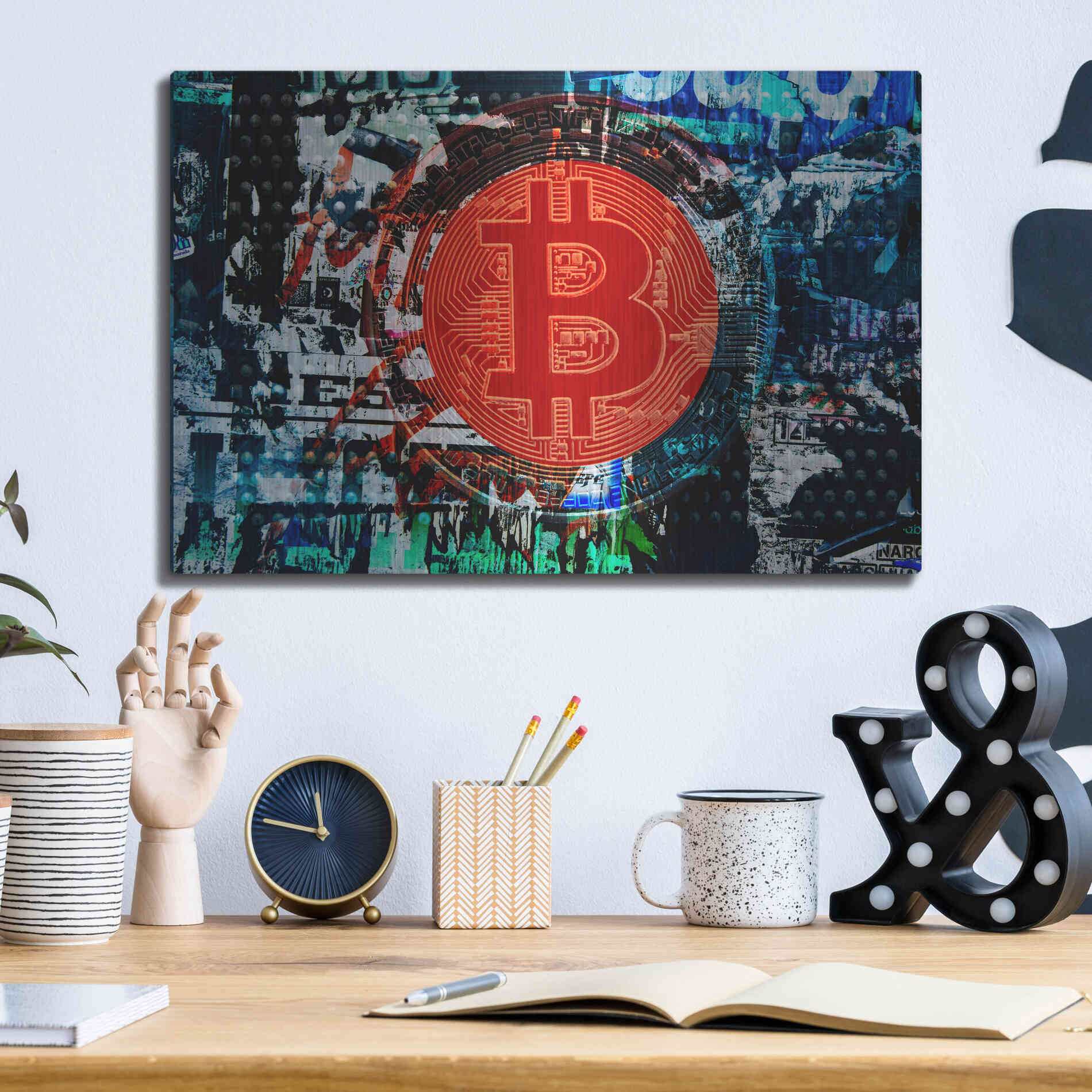 Luxe Metal Art 'Bitcoin Graffiti 1' by Irena Orlov, Metal Wall Art,16x12