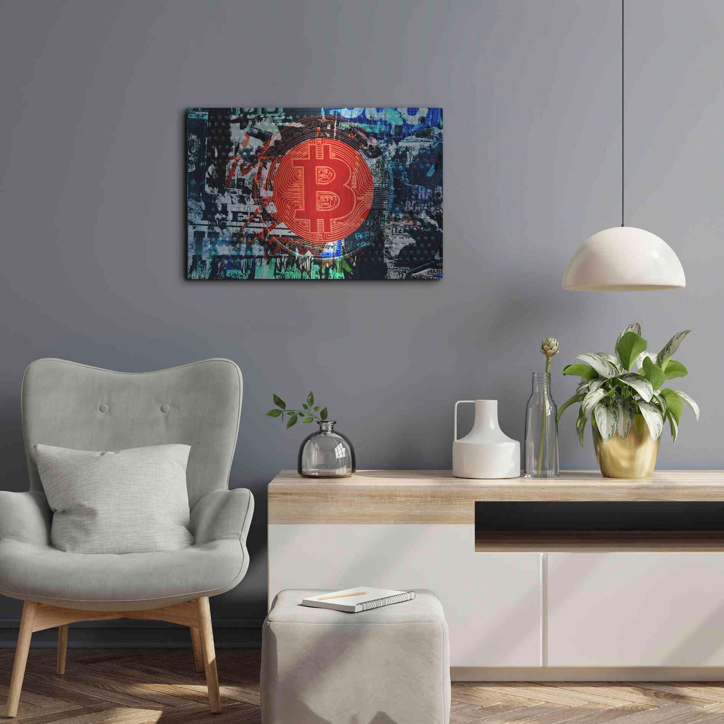 Luxe Metal Art 'Bitcoin Graffiti 1' by Irena Orlov, Metal Wall Art,24x16