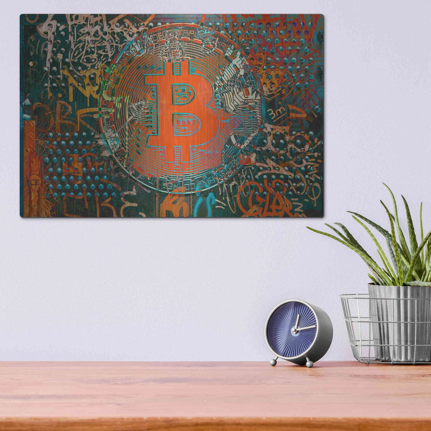 Luxe Metal Art 'Bitcoin Graffiti Art 23' by Irena Orlov, Metal Wall Art,16x12