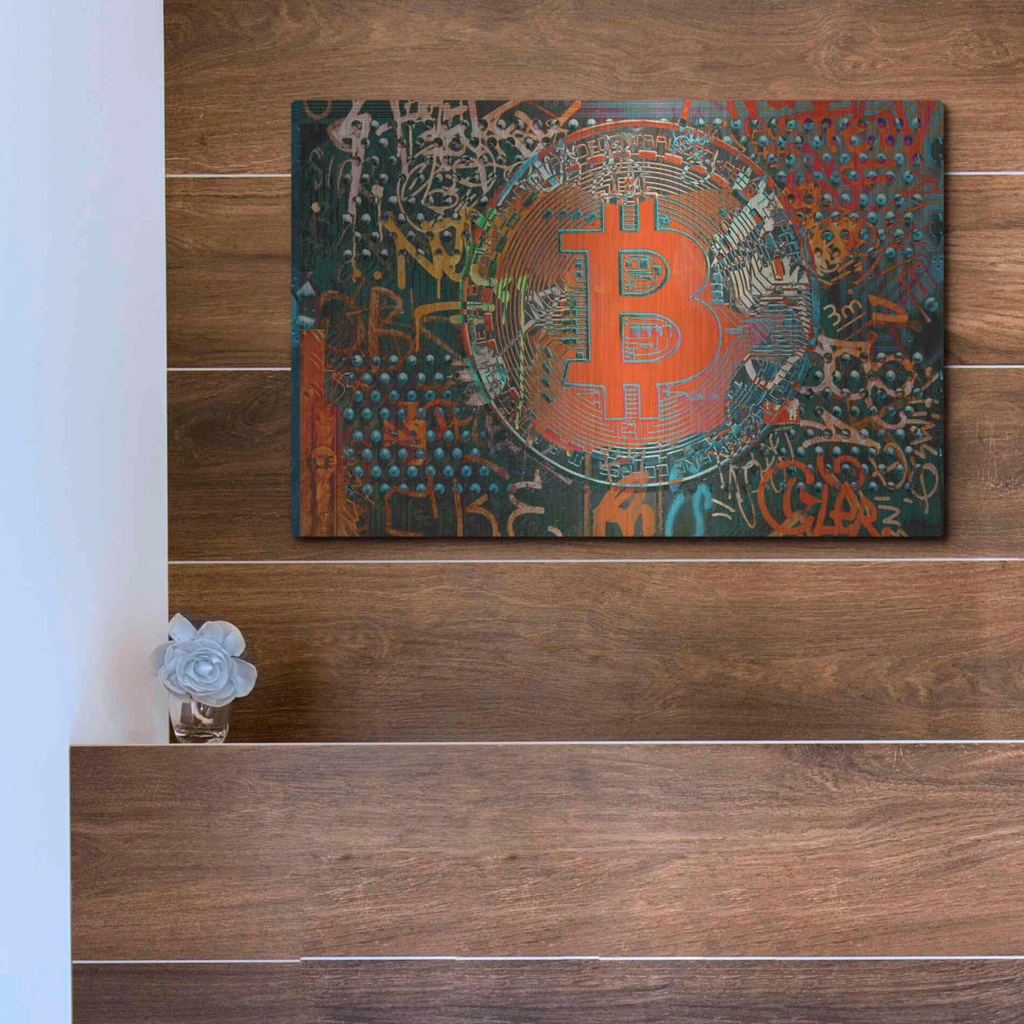 Luxe Metal Art 'Bitcoin Graffiti Art 23' by Irena Orlov, Metal Wall Art,16x12