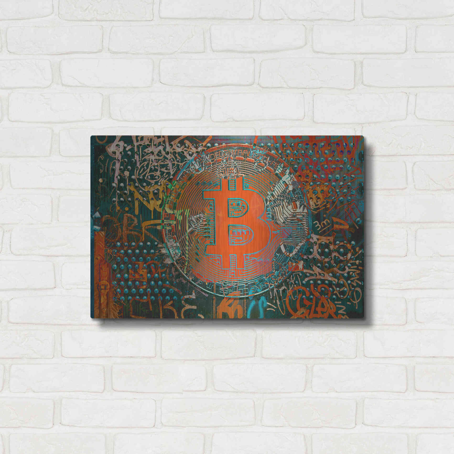 Luxe Metal Art 'Bitcoin Graffiti Art 23' by Irena Orlov, Metal Wall Art,24x16