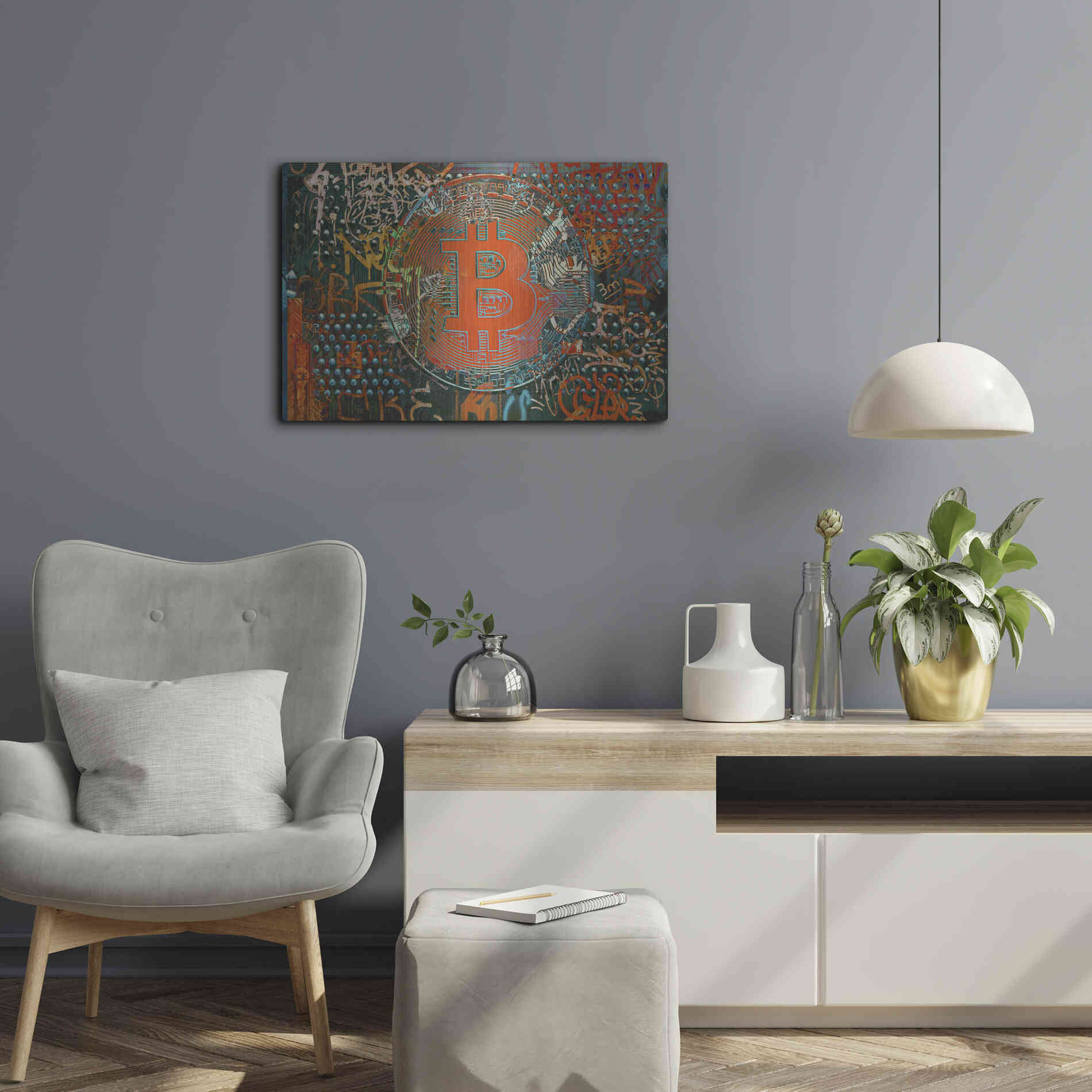 Luxe Metal Art 'Bitcoin Graffiti Art 23' by Irena Orlov, Metal Wall Art,24x16