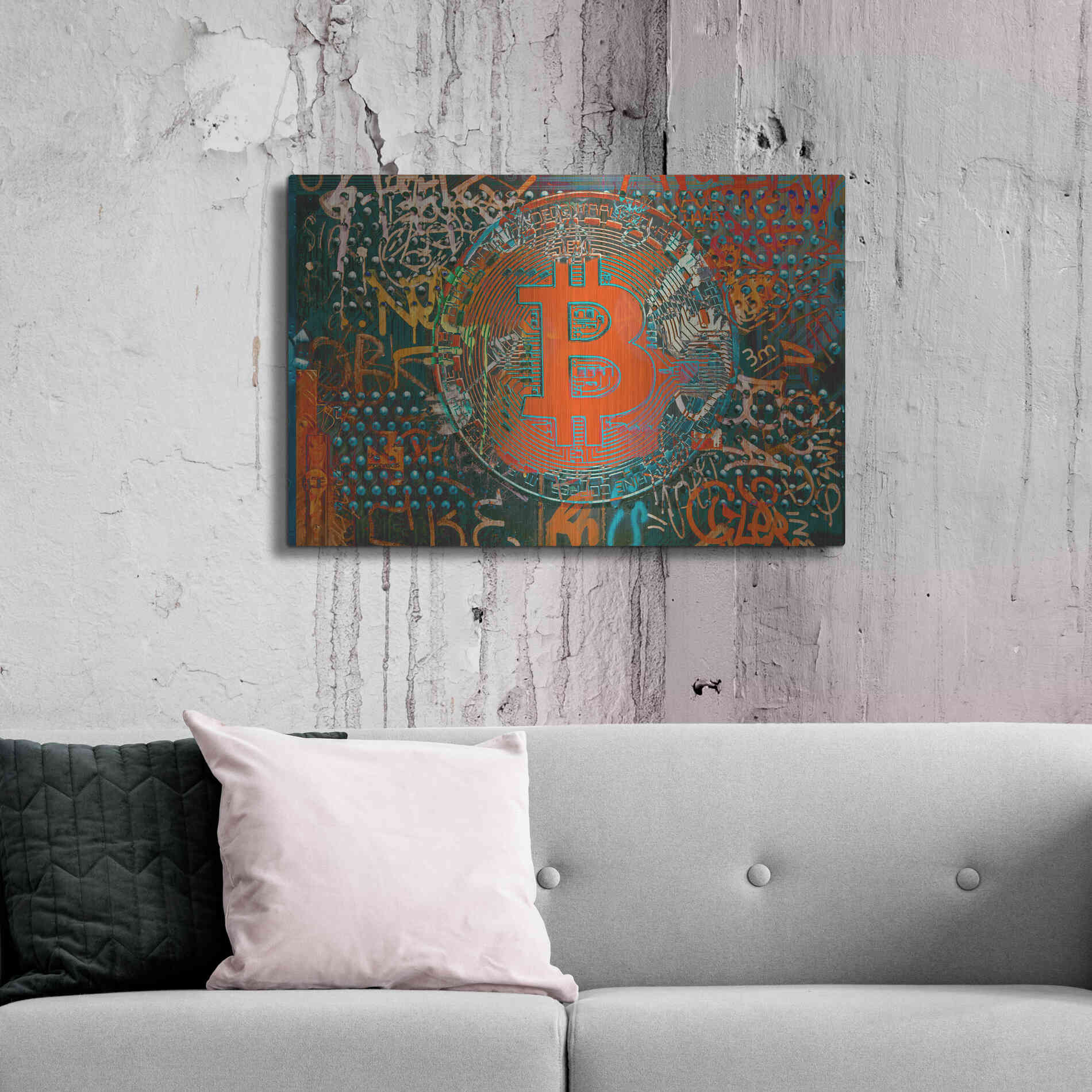 Luxe Metal Art 'Bitcoin Graffiti Art 23' by Irena Orlov, Metal Wall Art,36x24