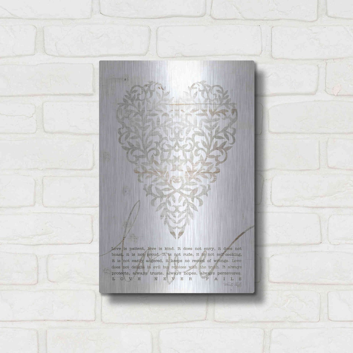 Luxe Metal Art 'Love Never Fails with Heart' by Cindy Jacobs, Metal Wall Art,12x16