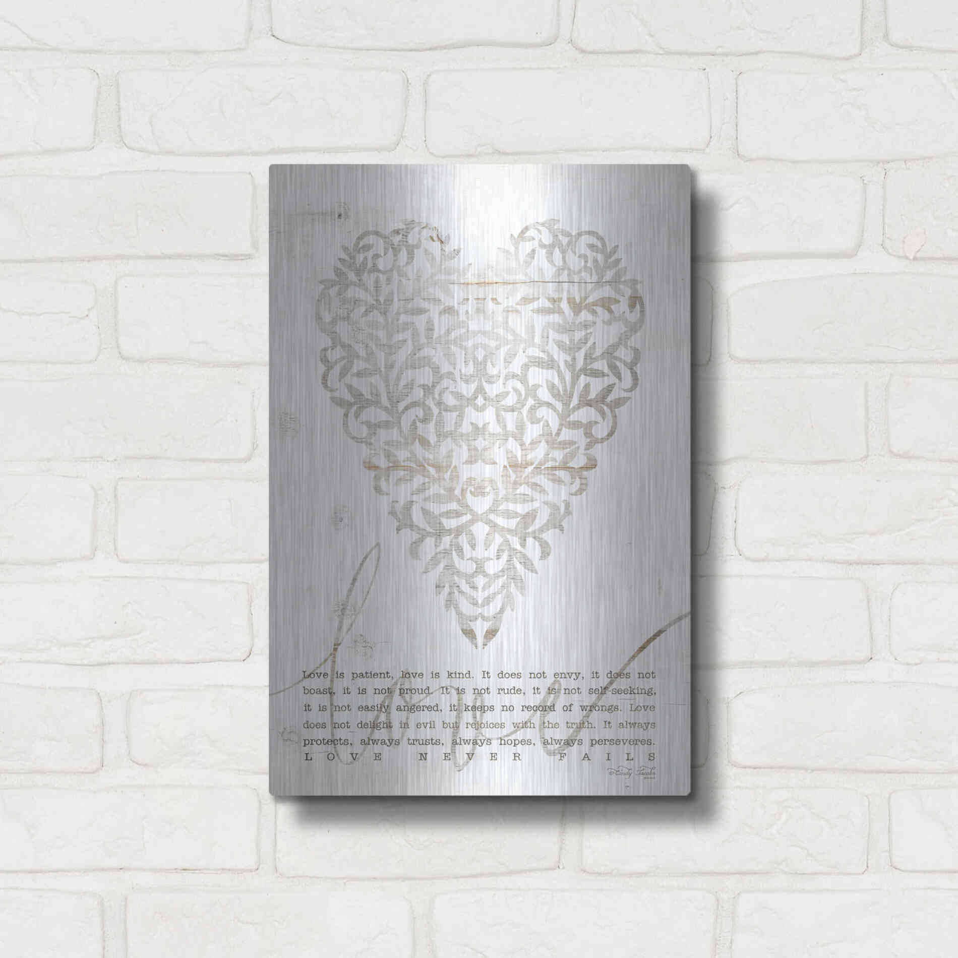 Luxe Metal Art 'Love Never Fails with Heart' by Cindy Jacobs, Metal Wall Art,12x16