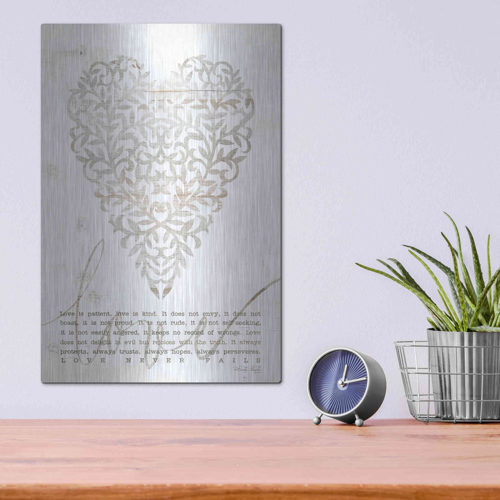 Luxe Metal Art 'Love Never Fails with Heart' by Cindy Jacobs, Metal Wall Art,12x16
