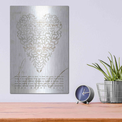 Luxe Metal Art 'Love Never Fails with Heart' by Cindy Jacobs, Metal Wall Art,12x16