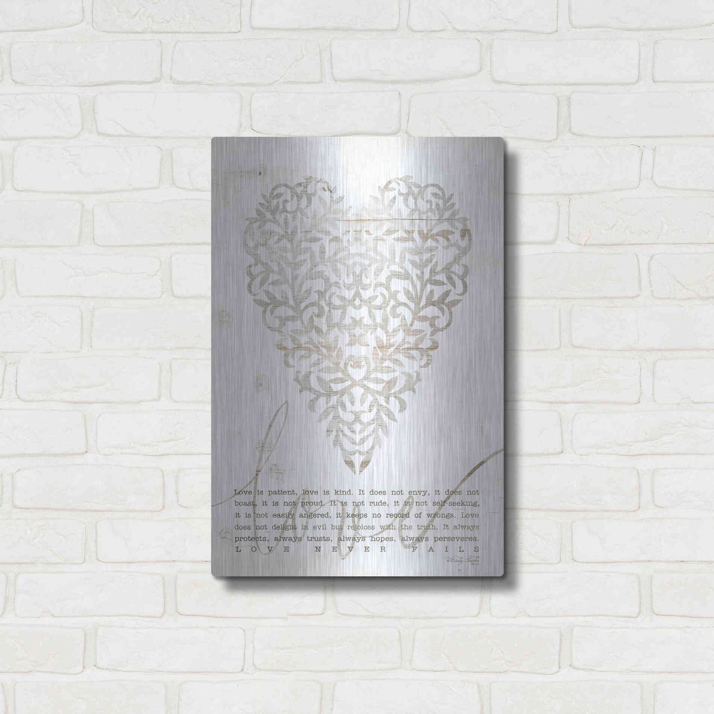 Luxe Metal Art 'Love Never Fails with Heart' by Cindy Jacobs, Metal Wall Art,16x24