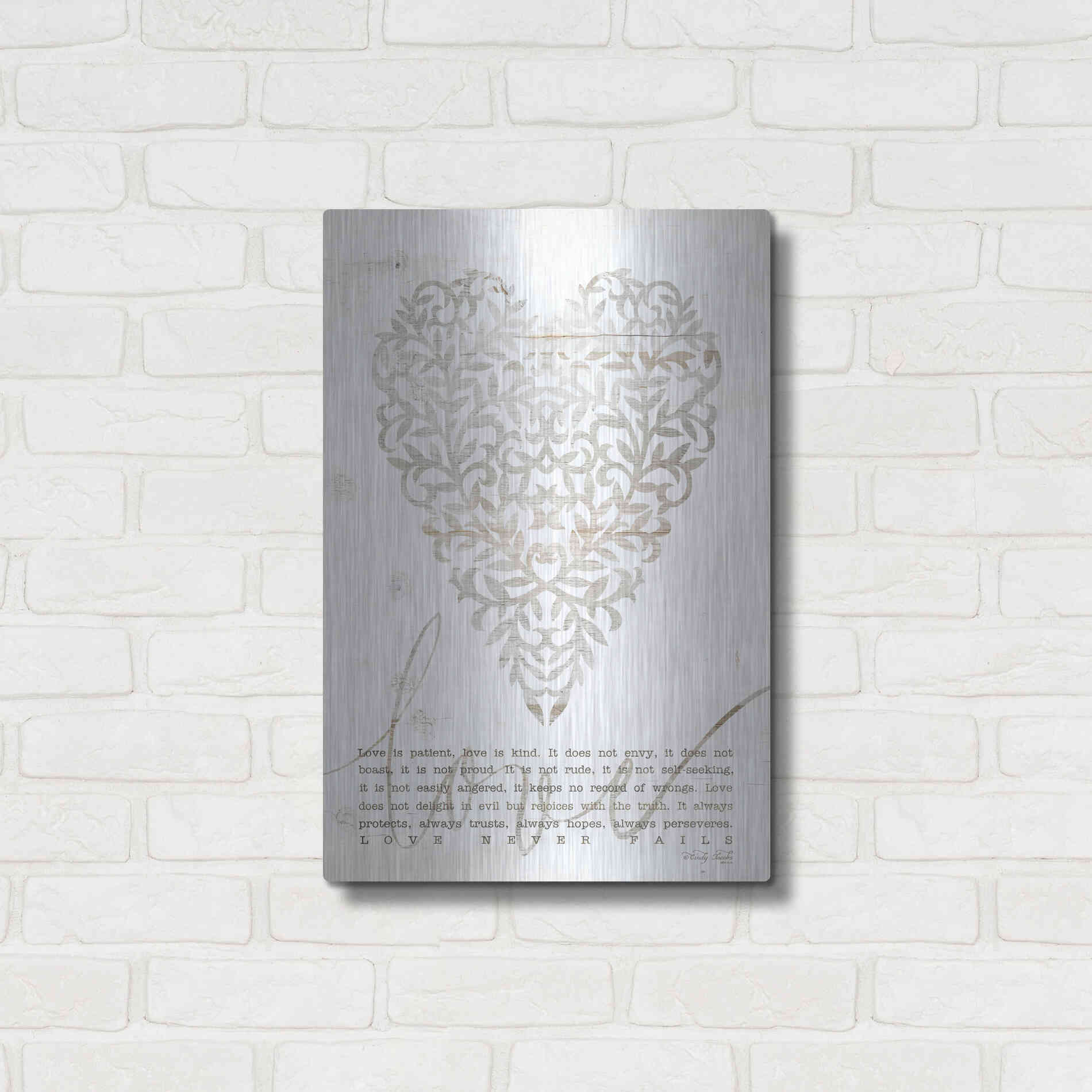 Luxe Metal Art 'Love Never Fails with Heart' by Cindy Jacobs, Metal Wall Art,16x24