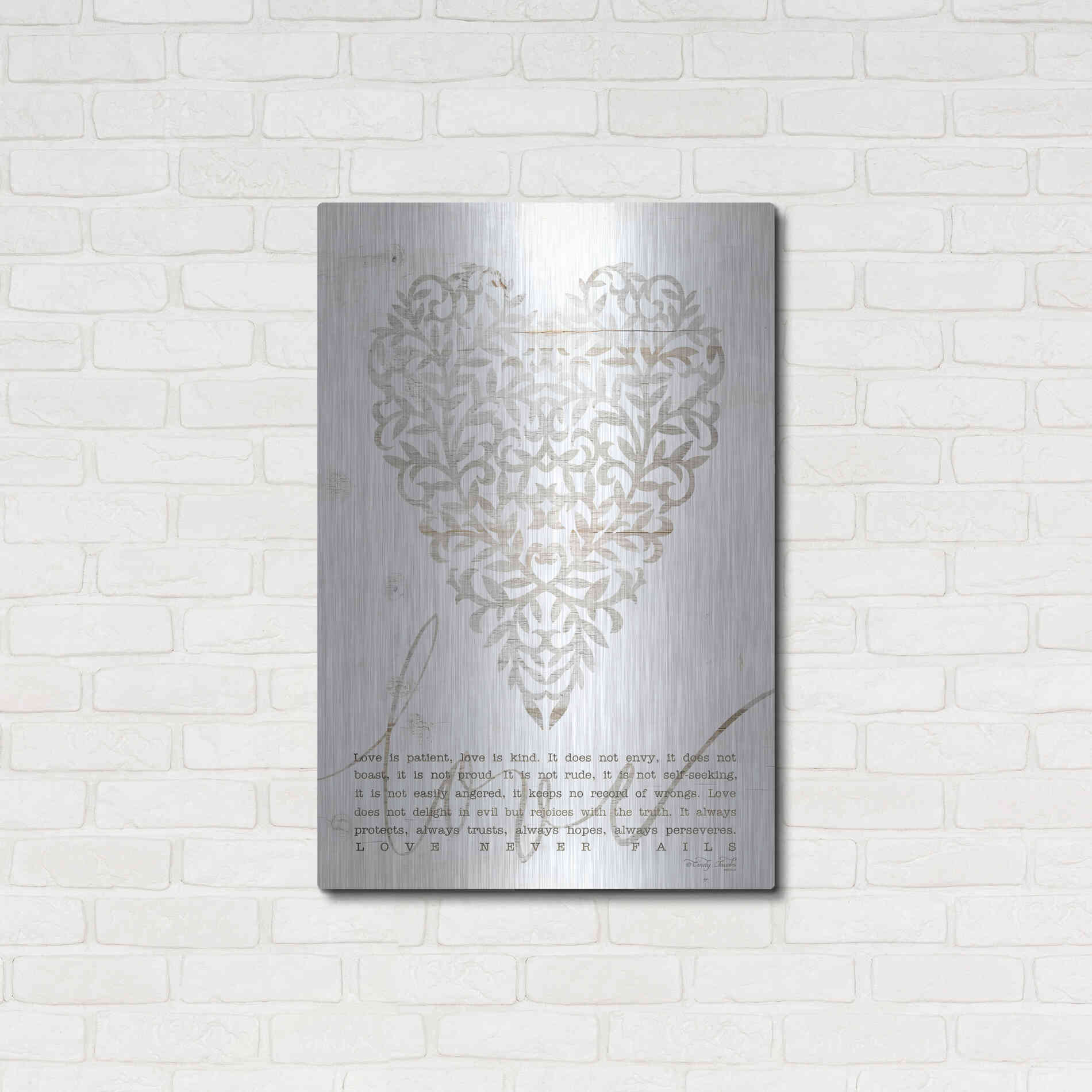 Luxe Metal Art 'Love Never Fails with Heart' by Cindy Jacobs, Metal Wall Art,24x36