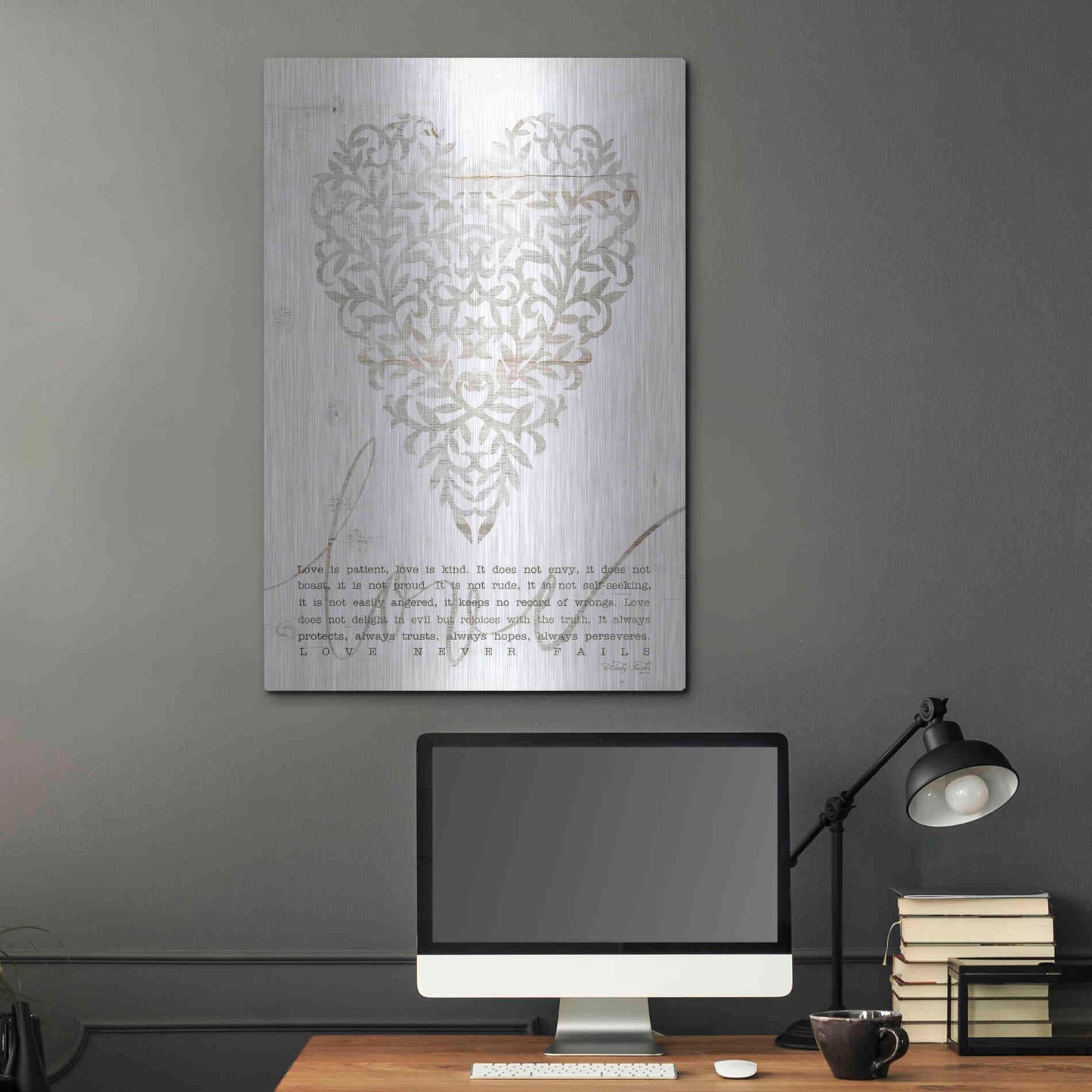 Luxe Metal Art 'Love Never Fails with Heart' by Cindy Jacobs, Metal Wall Art,24x36