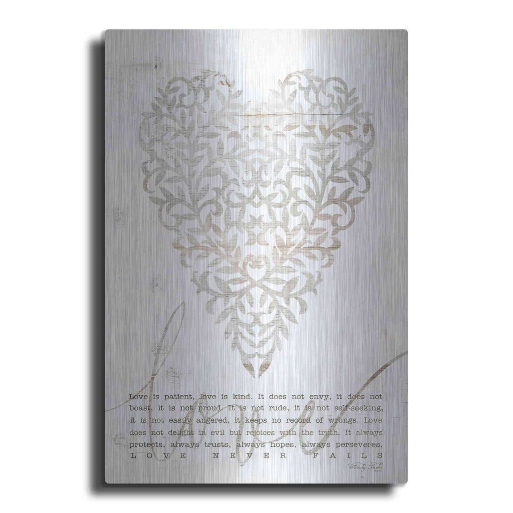 Luxe Metal Art 'Love Never Fails with Heart' by Cindy Jacobs, Metal Wall Art