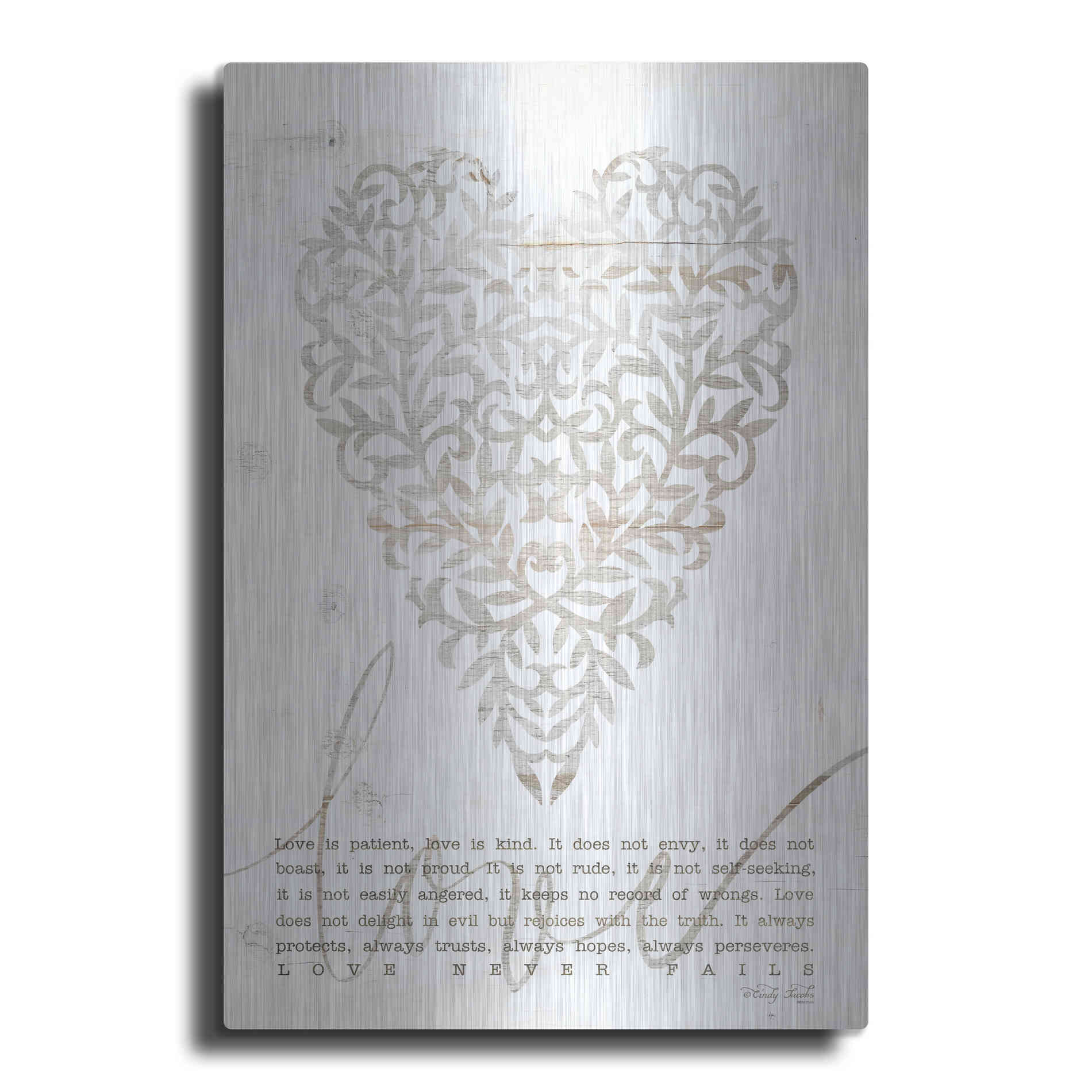 Luxe Metal Art 'Love Never Fails with Heart' by Cindy Jacobs, Metal Wall Art