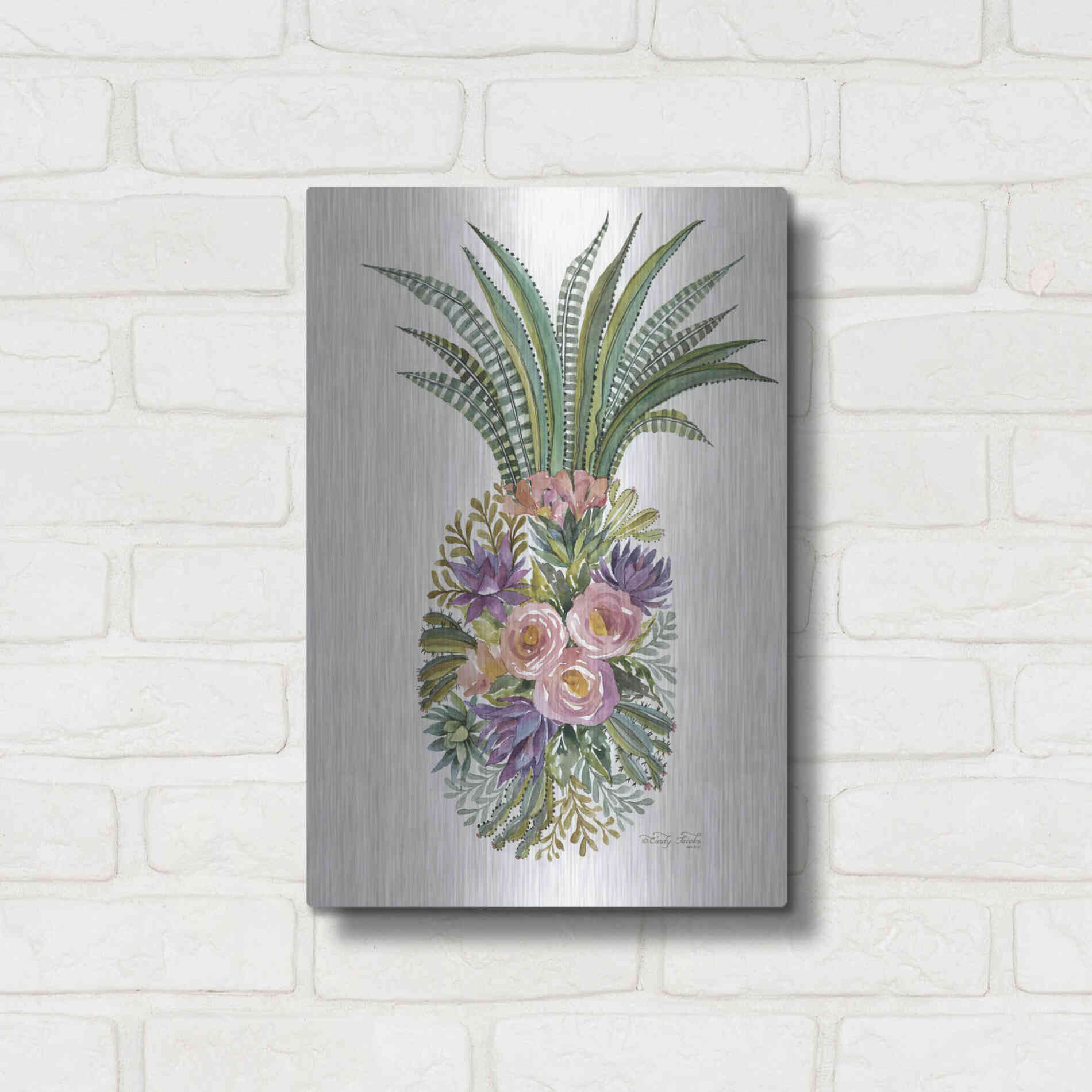 Luxe Metal Art 'Succulent Pineapple' by Cindy Jacobs, Metal Wall Art,12x16