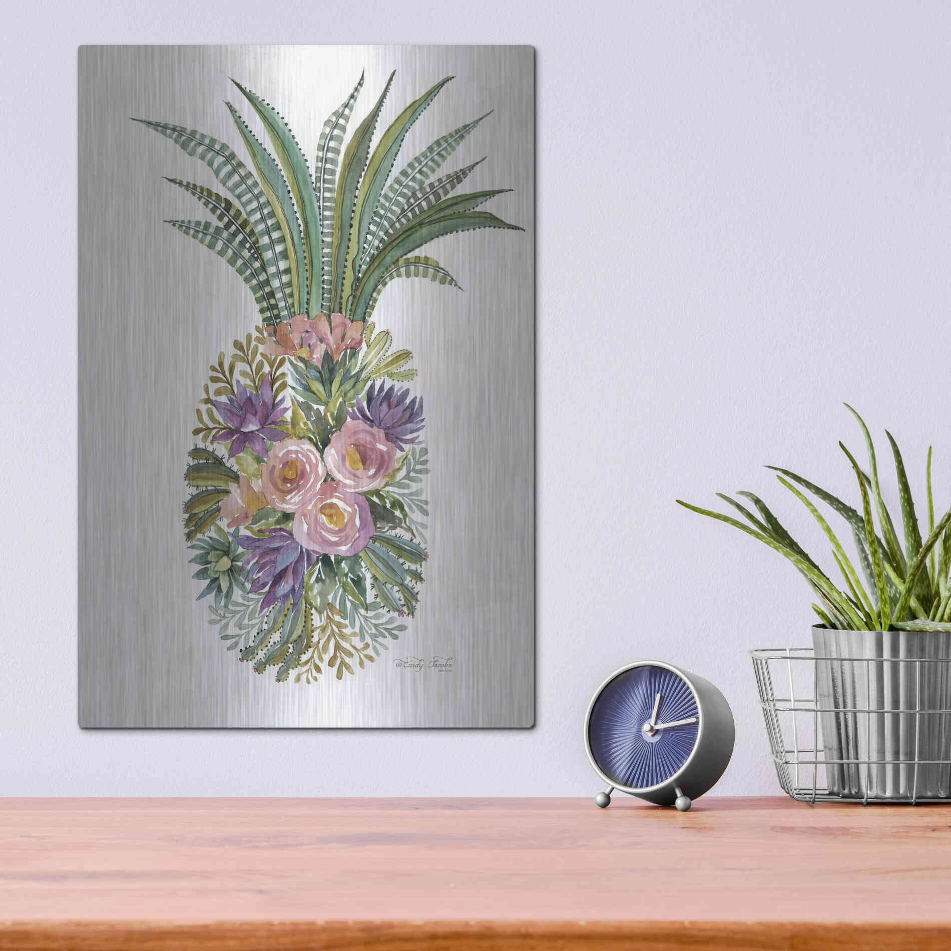 Luxe Metal Art 'Succulent Pineapple' by Cindy Jacobs, Metal Wall Art,12x16