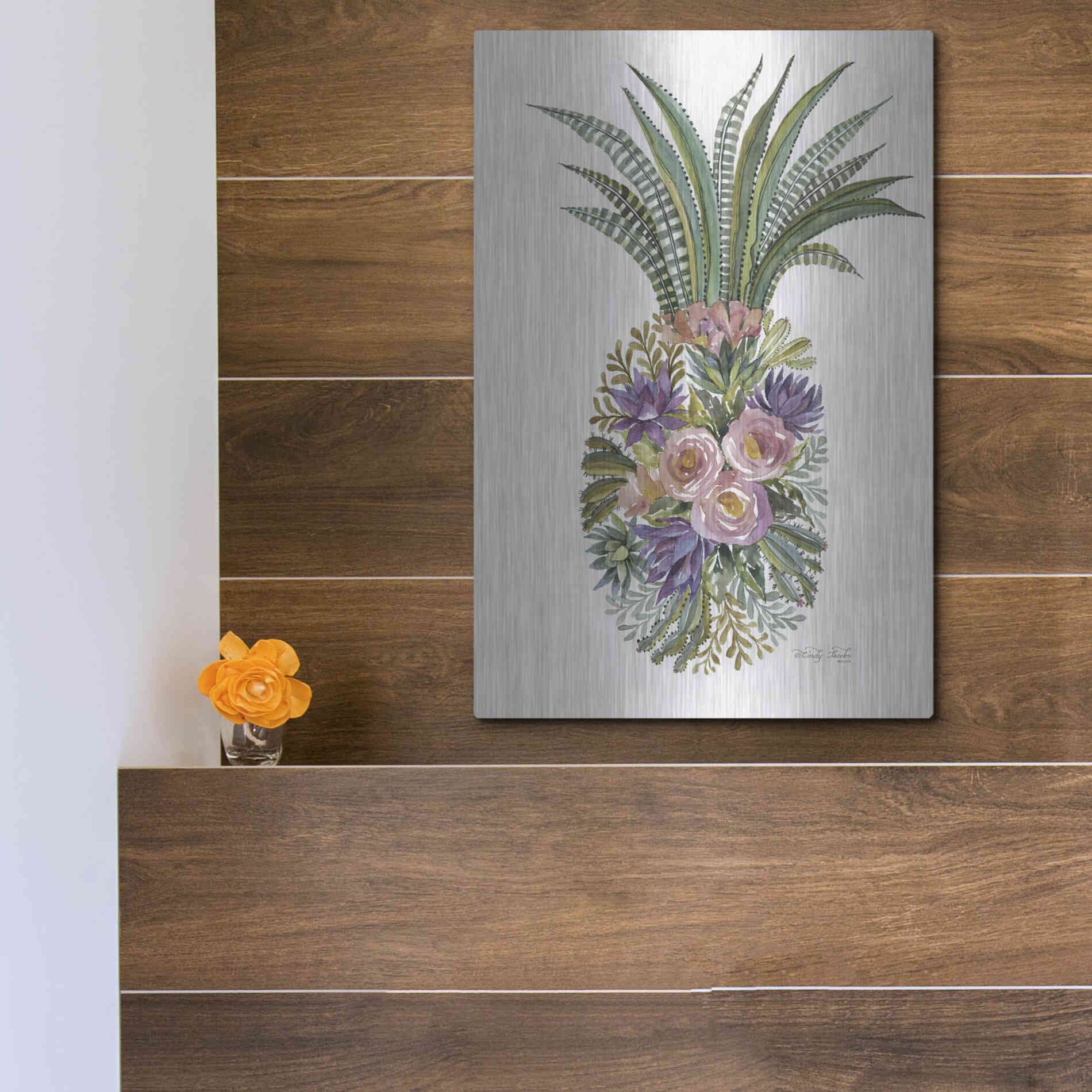 Luxe Metal Art 'Succulent Pineapple' by Cindy Jacobs, Metal Wall Art,12x16
