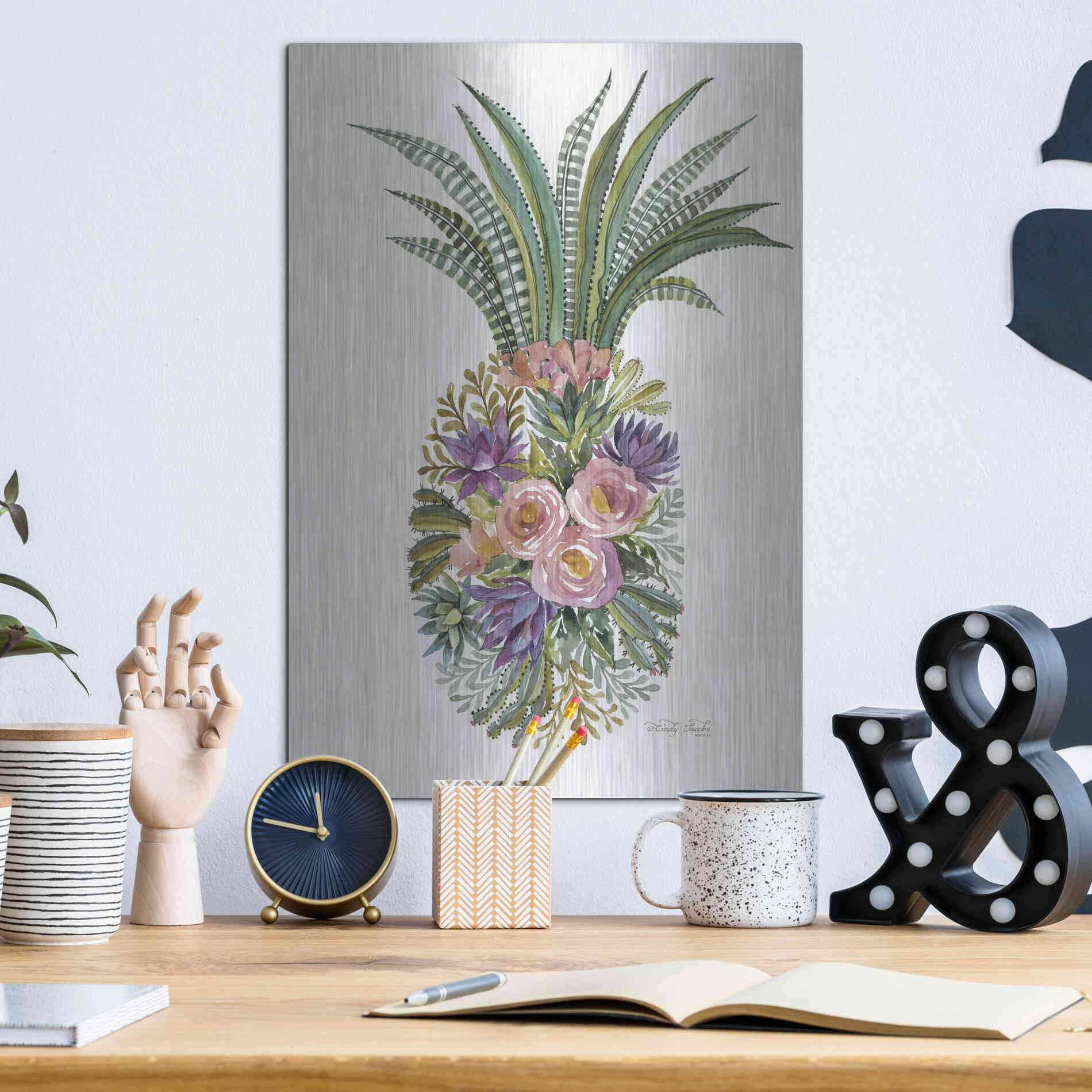 Luxe Metal Art 'Succulent Pineapple' by Cindy Jacobs, Metal Wall Art,12x16