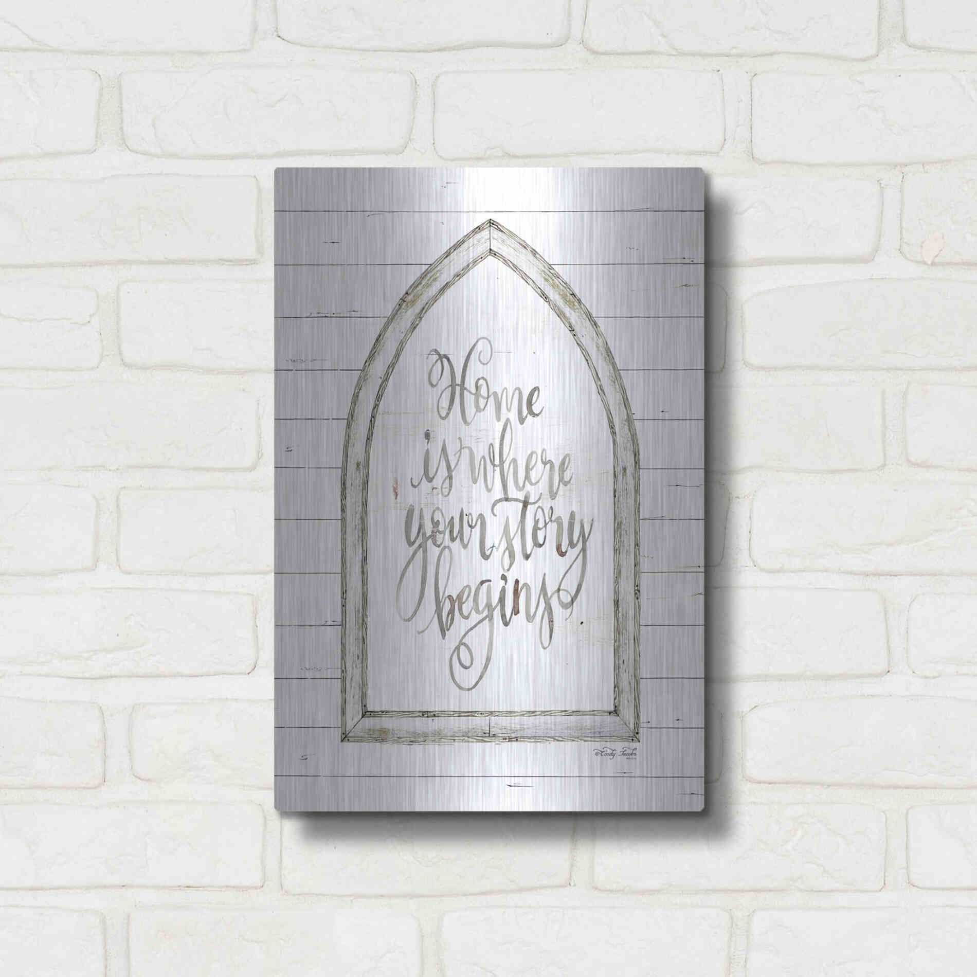 Luxe Metal Art 'Home is Where Your Story Begins Arch' by Cindy Jacobs, Metal Wall Art,12x16