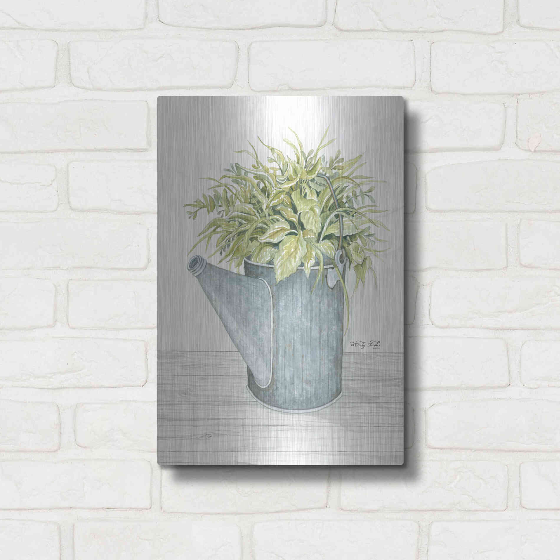 Luxe Metal Art 'Galvanized Watering Can' by Cindy Jacobs, Metal Wall Art,12x16