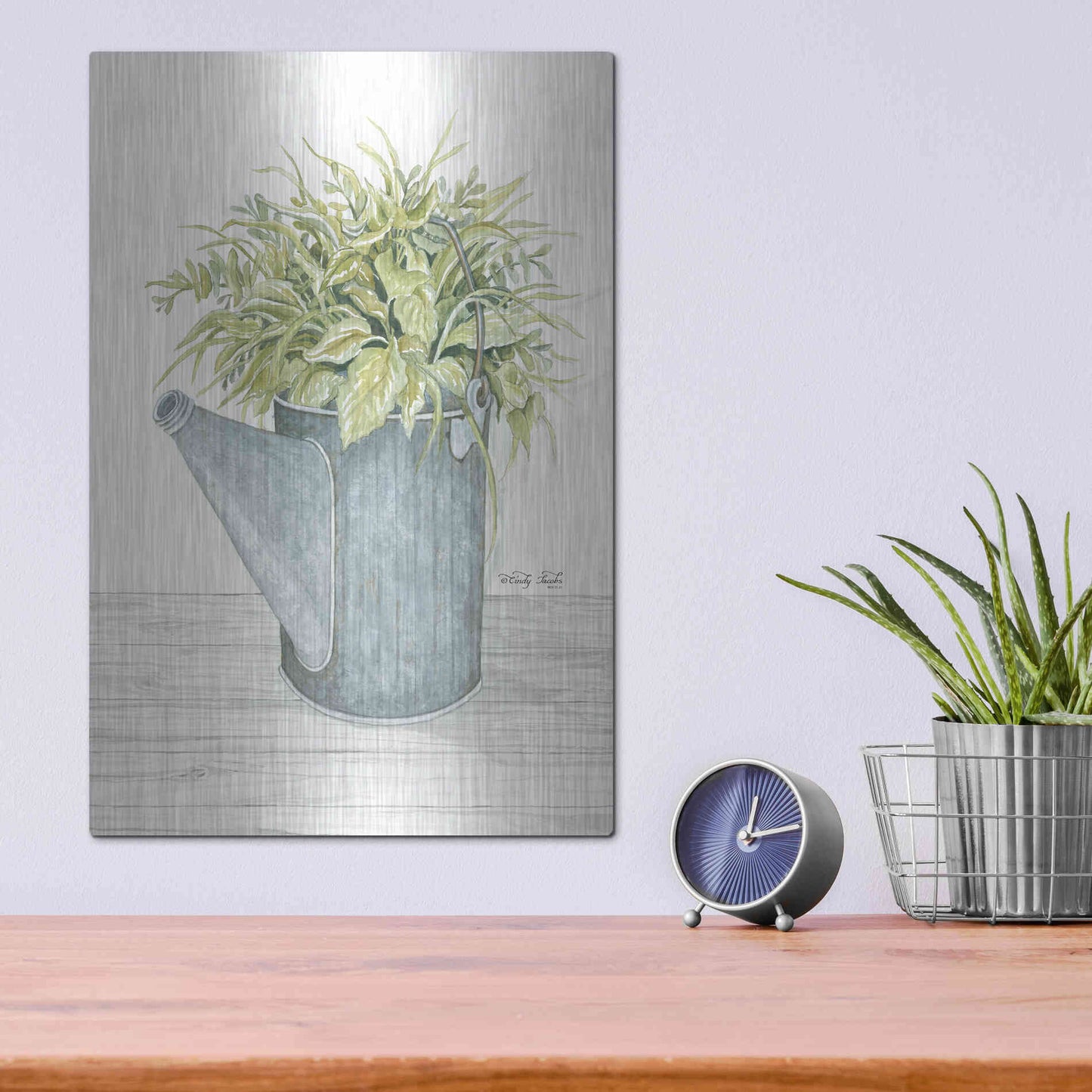 Luxe Metal Art 'Galvanized Watering Can' by Cindy Jacobs, Metal Wall Art,12x16