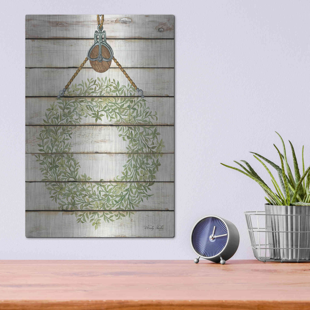Luxe Metal Art 'Pully Hanging Wreath' by Cindy Jacobs, Metal Wall Art,12x16