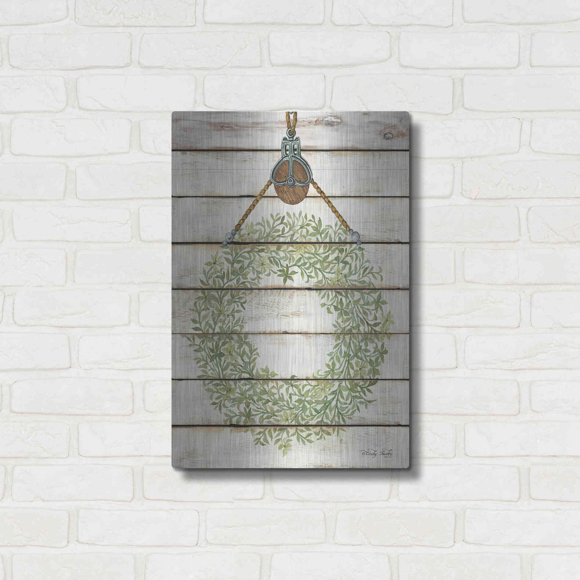 Luxe Metal Art 'Pully Hanging Wreath' by Cindy Jacobs, Metal Wall Art,16x24