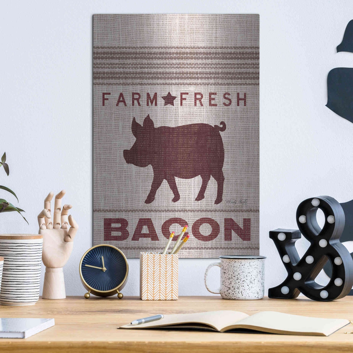 Luxe Metal Art 'Grain Sack Bacon' by Cindy Jacobs, Metal Wall Art,12x16