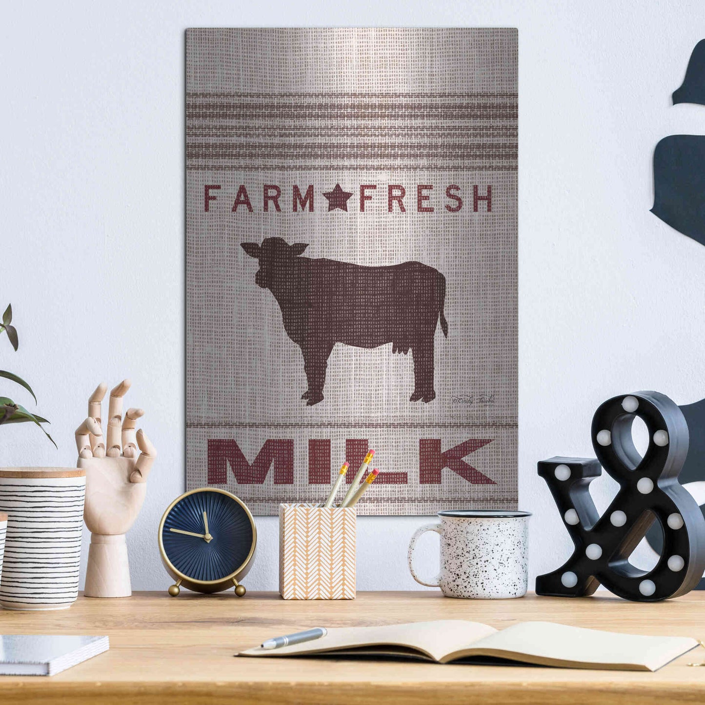 Luxe Metal Art 'Grain Sack Milk' by Cindy Jacobs, Metal Wall Art,12x16