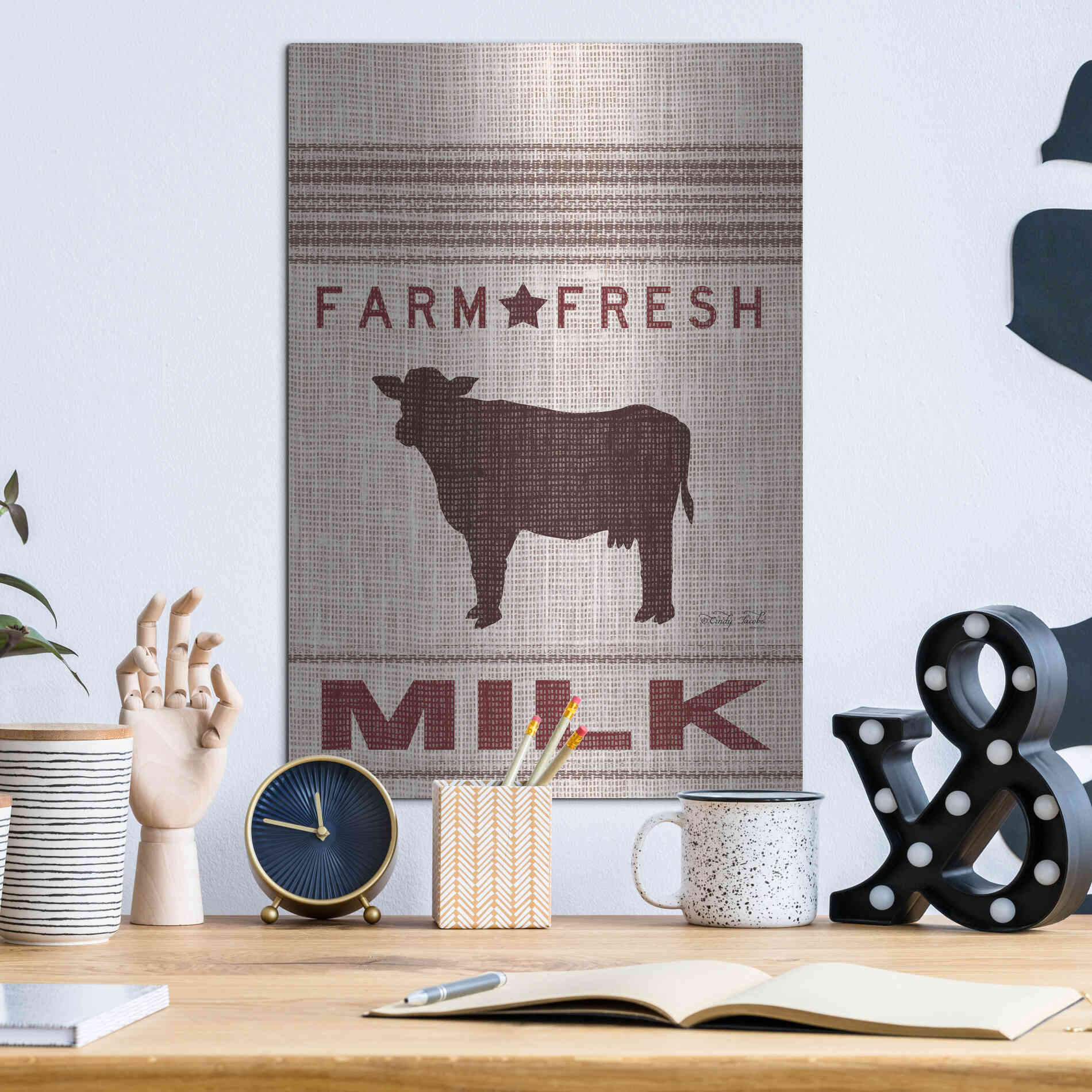 Luxe Metal Art 'Grain Sack Milk' by Cindy Jacobs, Metal Wall Art,12x16